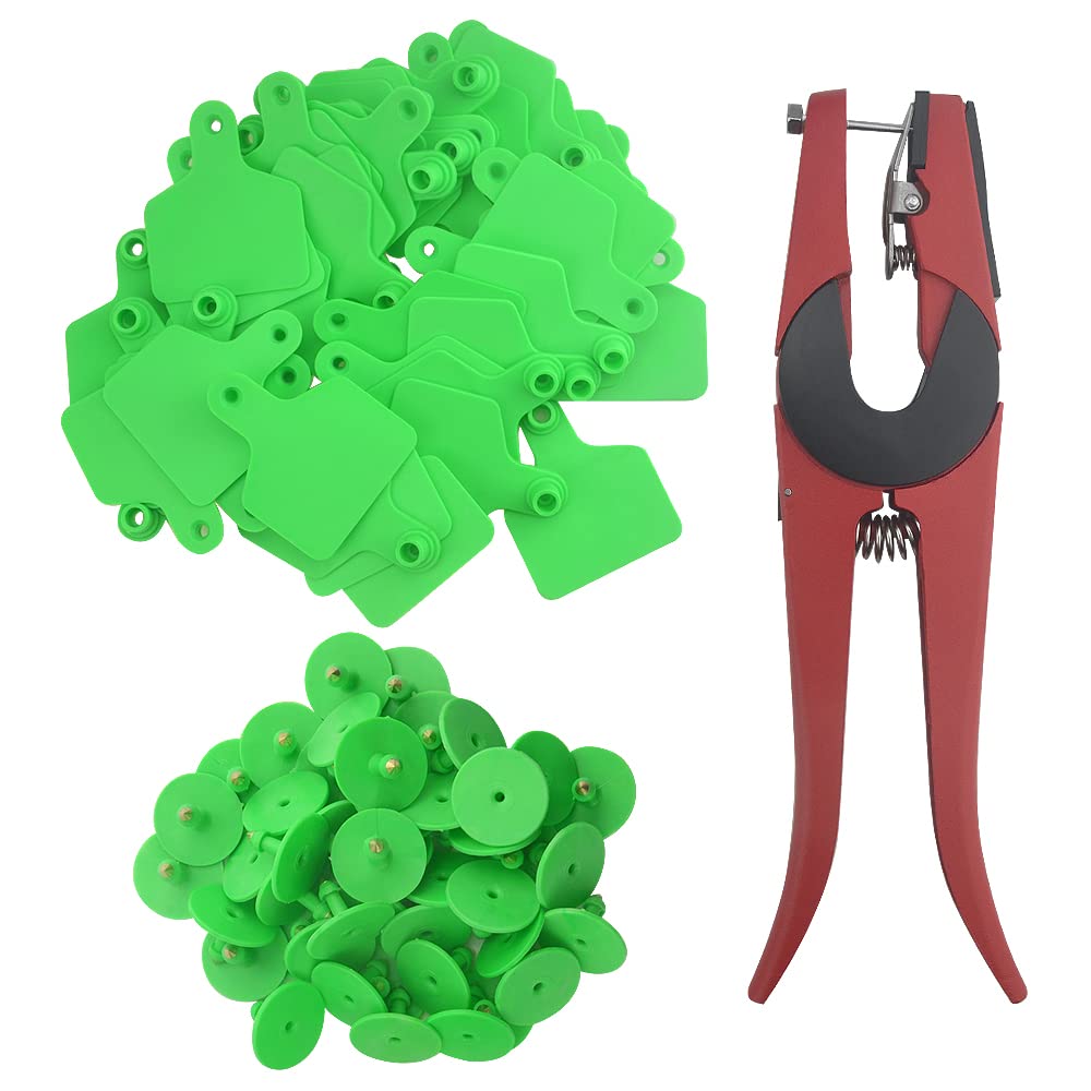 100 Sets Blank Livestock Ear Tags with Applicator for Goats, Sheep, Pigs, Cows & Horses - Durable Animal Identification Tags for Farm & Ranch Use (Green)