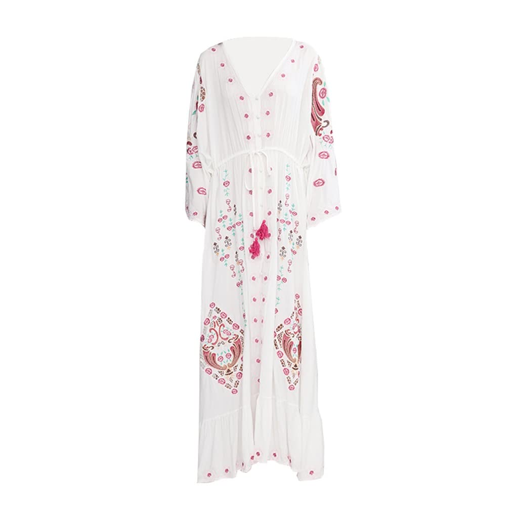 JHHDP Plus Size Vintage Embroidery Beach Cover Up Dress - Flowy Loose Long Skirt with V-Neck Hollow Design for Women | Perfect for Travel, Poolside, Bikini Cover-Up & Summer Vacations