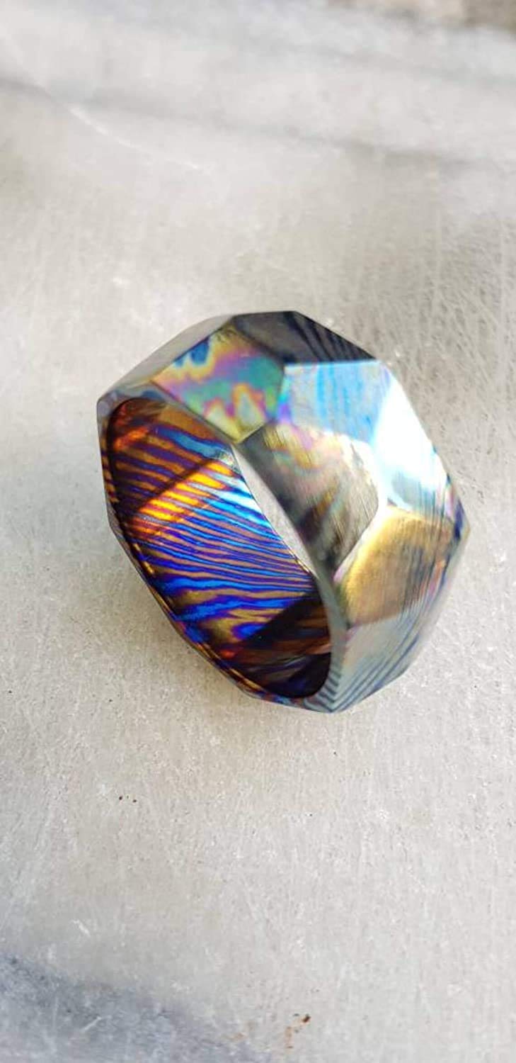 Damascus KE-104-AT Titanium Ring | Handmade Timascus Wedding Band for Men | Custom Comfort Fit Engagement Ring | Unisex Modern Jewelry | Durable Steel Statement Ring | Perfect for Weddings, Anniversaries & Special Occasions