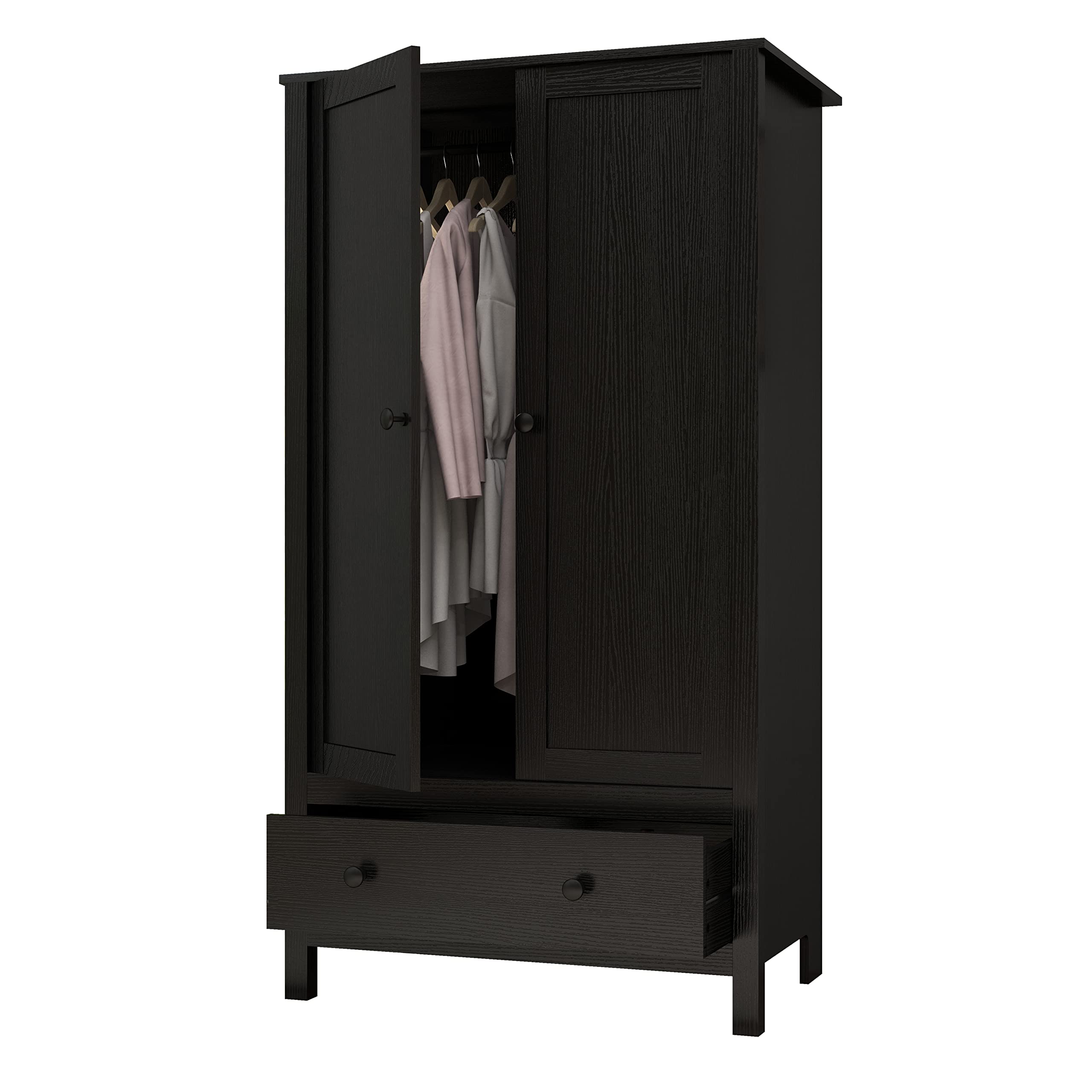 Panana 2 Door Wardrobe Closet with Drawer - Black Wooden Armoire for Bedroom Storage | Perfect for Organizing Clothes, Shoes & Accessories in Master Bedroom, Guest Room or Dorm