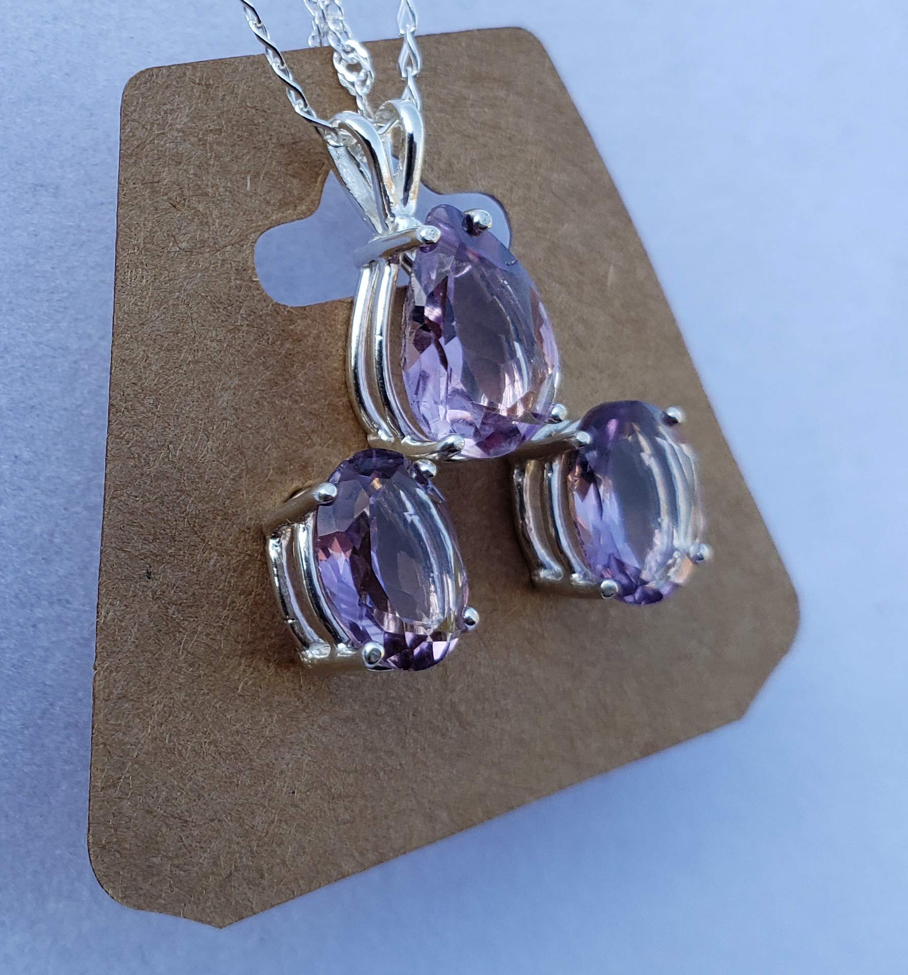 Natural Amethyst Sterling Silver Earrings & Necklace Set for Women - Elegant Purple Crystal Jewelry Gift for Birthday, Anniversary & Special Occasions