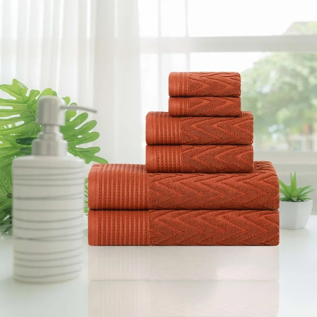 Premium 6-Piece Chevron Cotton Bath Towel Set - Soft, Absorbent & Quick-Drying - Perfect for Bathroom, Spa, Gym & Beach Use