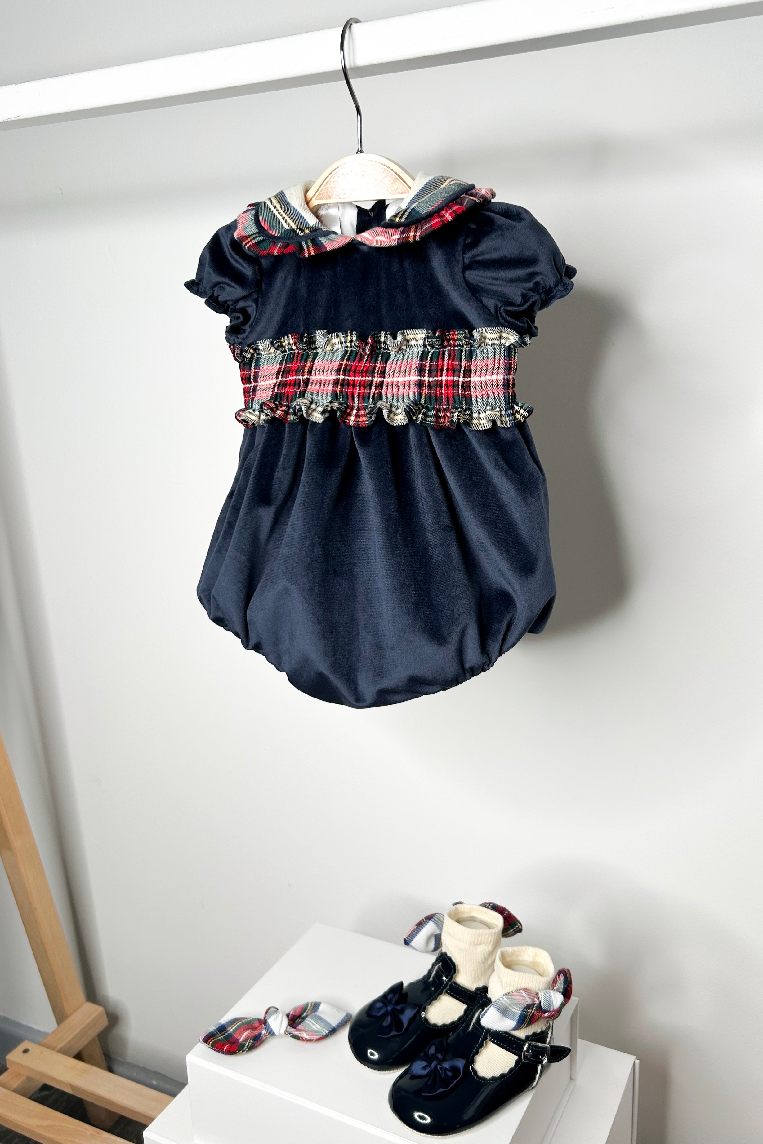 Hermione Navy Velvet Tartan Romper for Women - Stylish Velvet Jumpsuit with Plaid Pattern, Perfect for Christmas Parties, Holiday Outfits & Winter Fashion