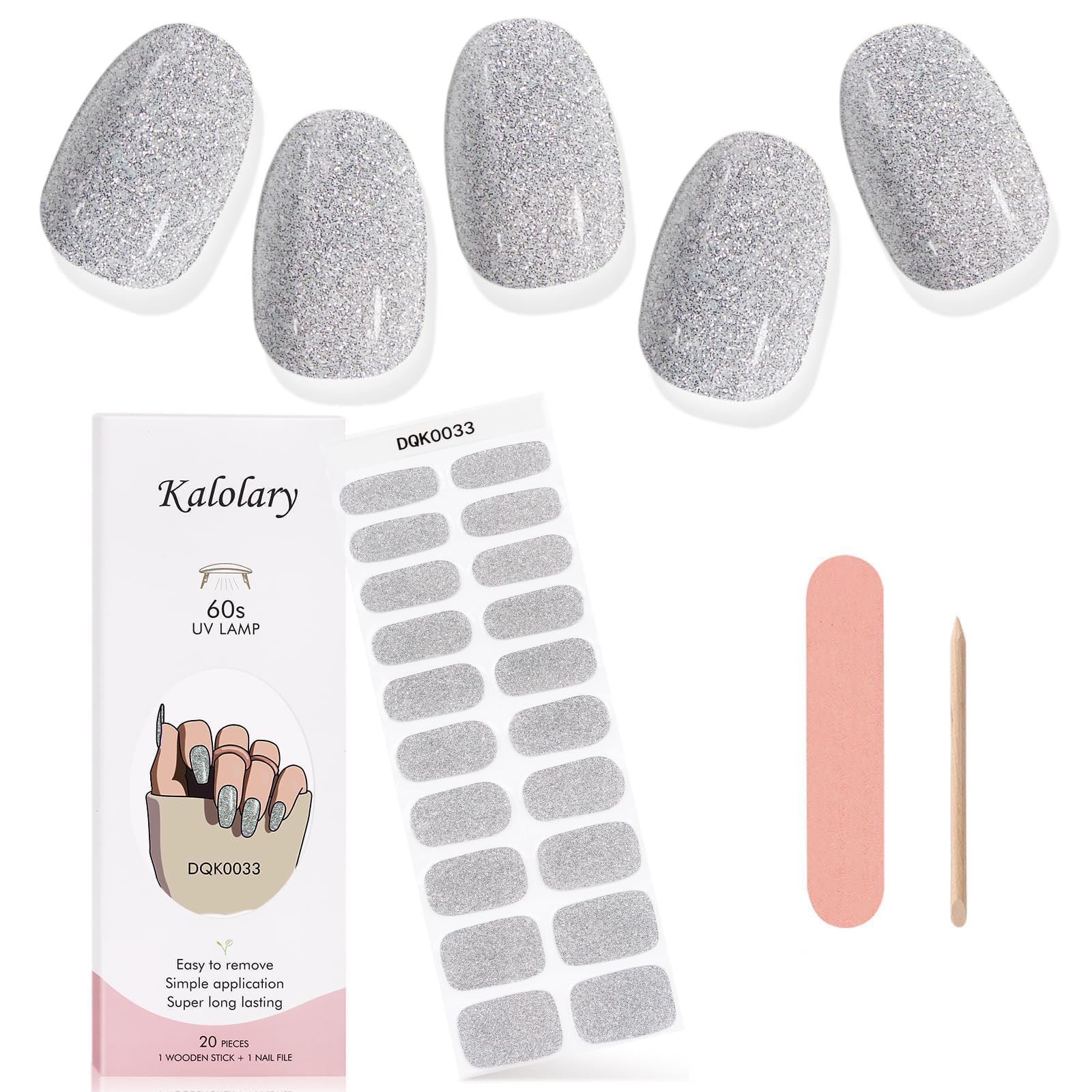 Kalolary Silver Glitter Gel Nail Polish Strips - DIY Waterproof Nail Art Wraps & Decals for Women | Perfect for Summer Manicures, Parties, Weddings & Special Occasions