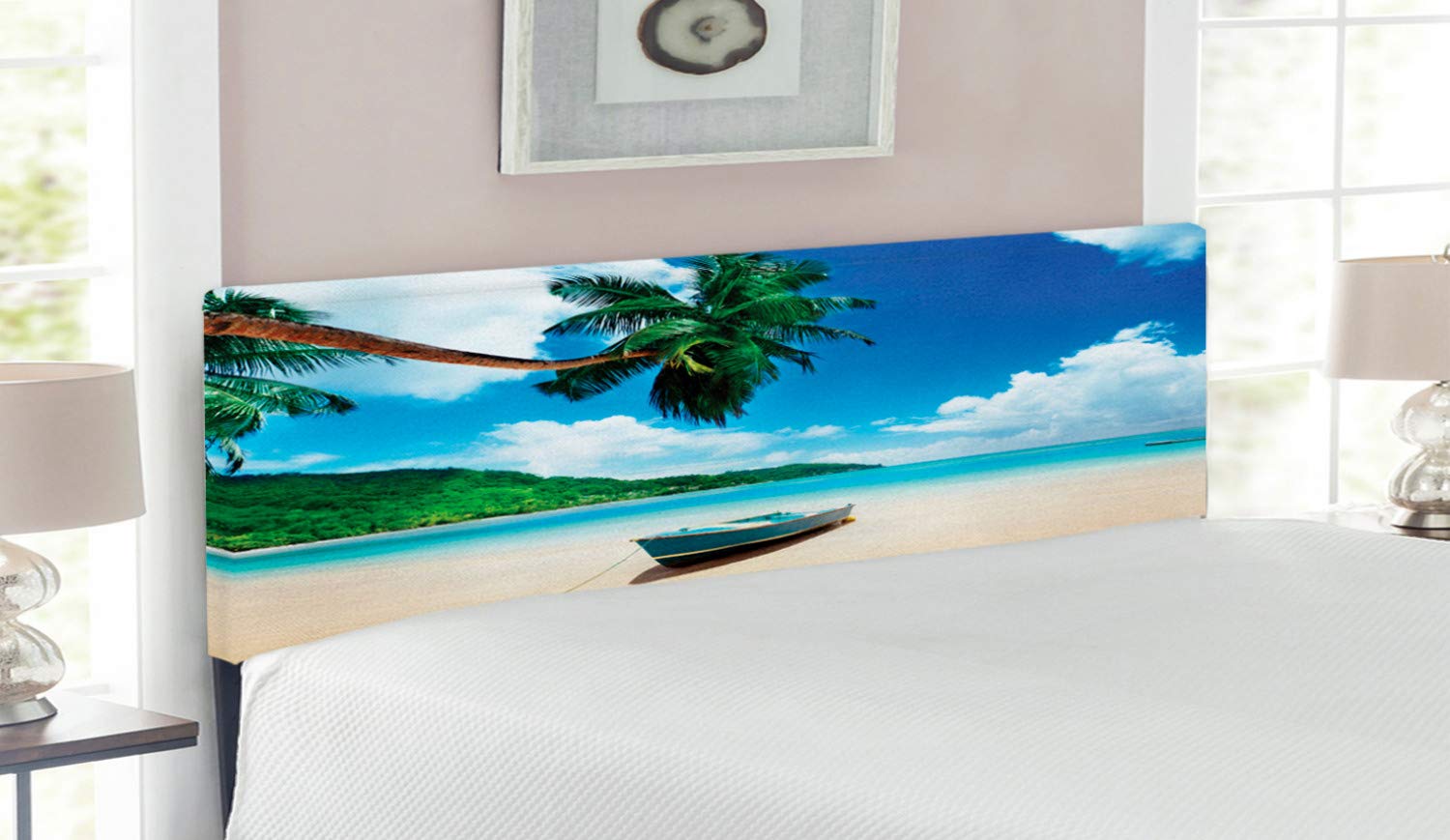 Ambesonne Upholstered Queen Size Beach Headboard - Boat on Mahe Island Lagoon Seychelles Exotic Shoreline Design, Decorative Metal Bed Headboard with Memory Foam in Blue Green Sand Brown | Perfect for Coastal Bedroom Decor & Tropical Theme Guest Rooms
