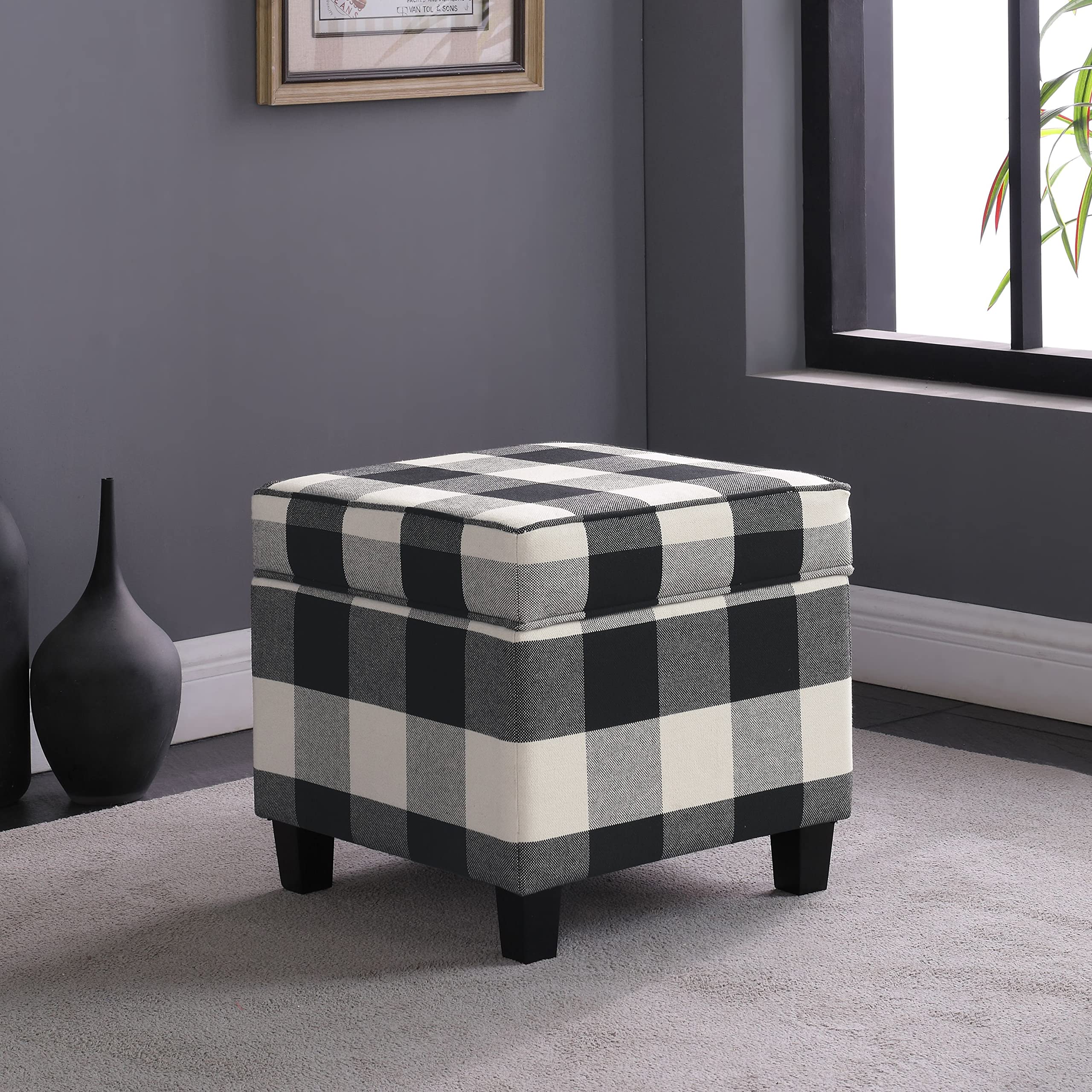 HomePop Classic Square Storage Ottoman with Lift Off Lid - Large Black Plaid Ottoman for Living Room & Bedroom | Home Decor Storage Bench for Shoes, Blankets & Toys | Perfect for Small Space Organization