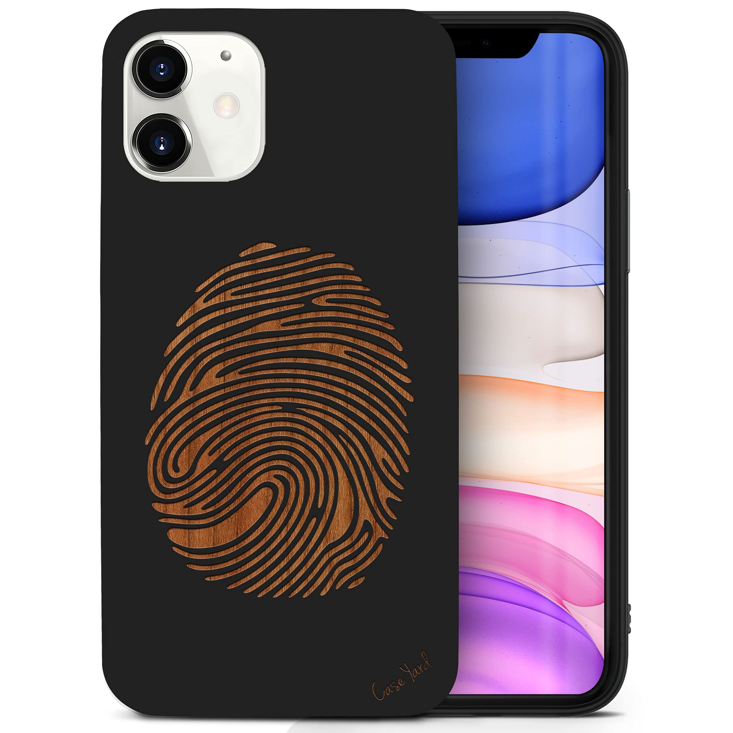 CaseYard Wood Phone Case for iPhone 11 - Laser Engraved Fingerprint Design, Black Wood Protective Cover | Shockproof & Slim Fit for Men & Women | Perfect for Outdoor, Office & Everyday Use