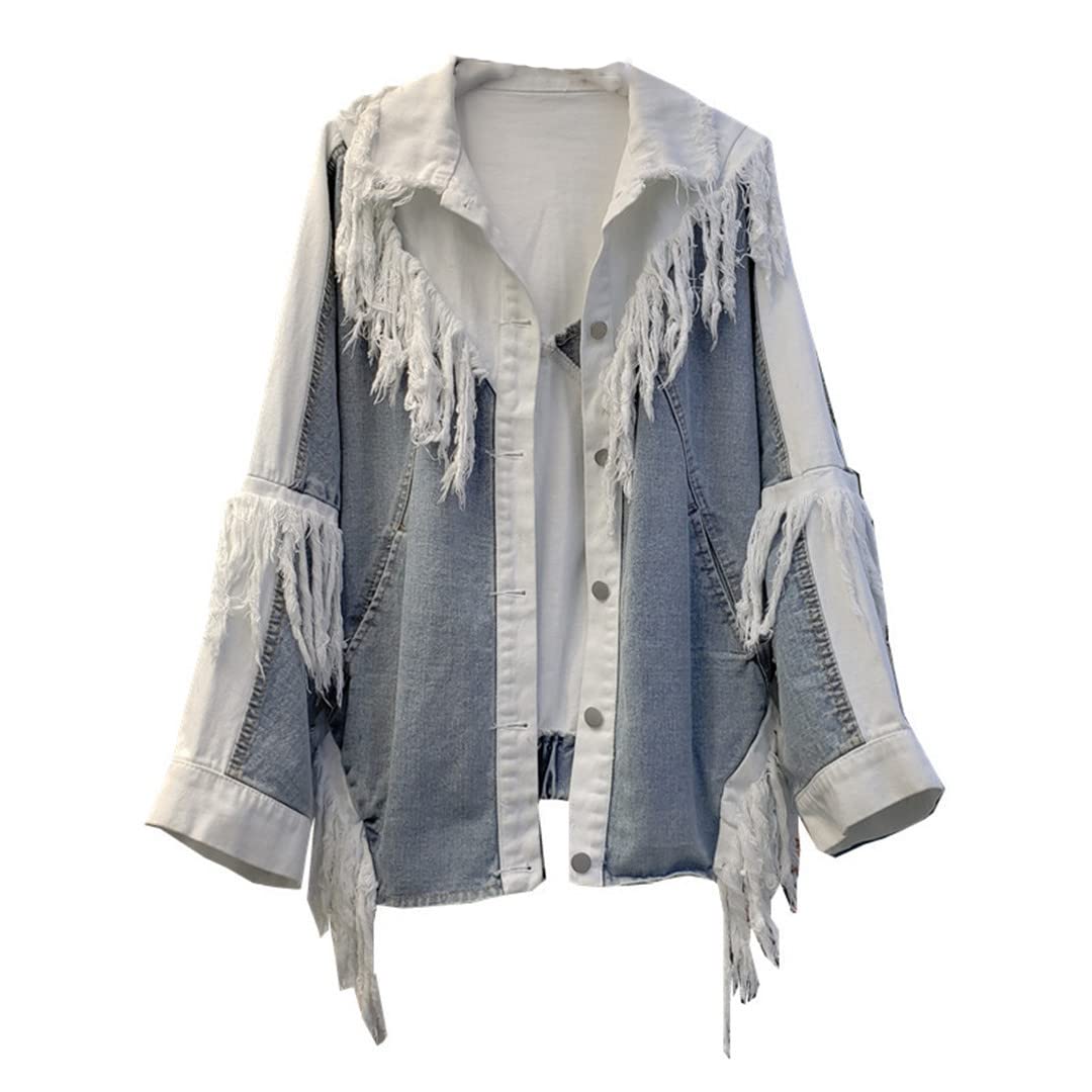 Vintage Plus Size Denim Jacket for Women - Quilted Patchwork Fringe Coat with Distressed Details | Perfect for Casual Outfits, Fall Layering & Boho Fashion