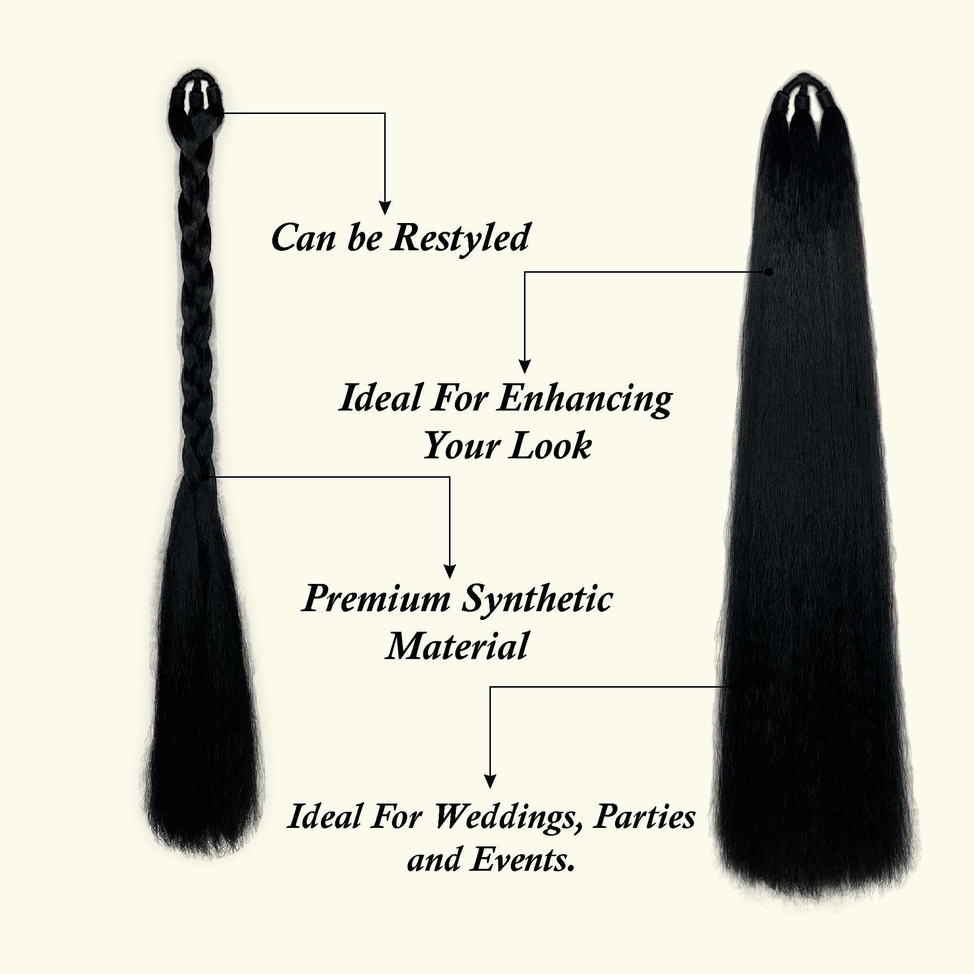 ELCABELL Natural Black Synthetic Hair Extensions for Women & Girls - Long Fake Hair Wig, Paranda Choti, False Hair Braid Attachment, Hairpiece for Volume & Length (1pc) - Perfect for Parties, Weddings & Daily Styling