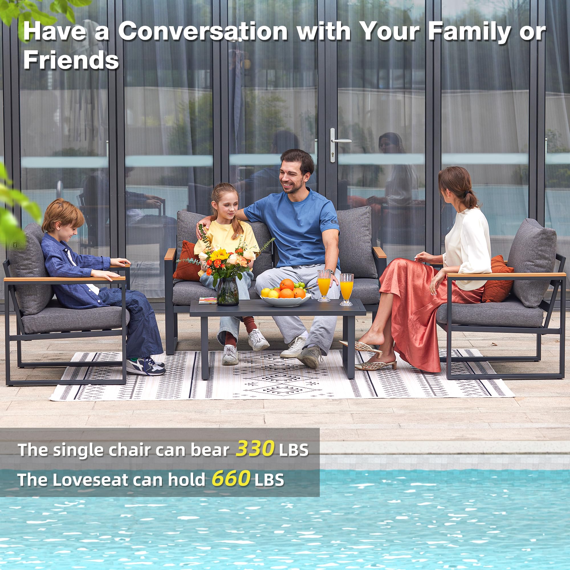 4-Piece Outdoor Patio Furniture Set with Table - Durable Metal Frame & Washable High-Resiliency Sponge Cushions in Grey - Perfect for Garden, Backyard, Deck or Poolside Relaxation
