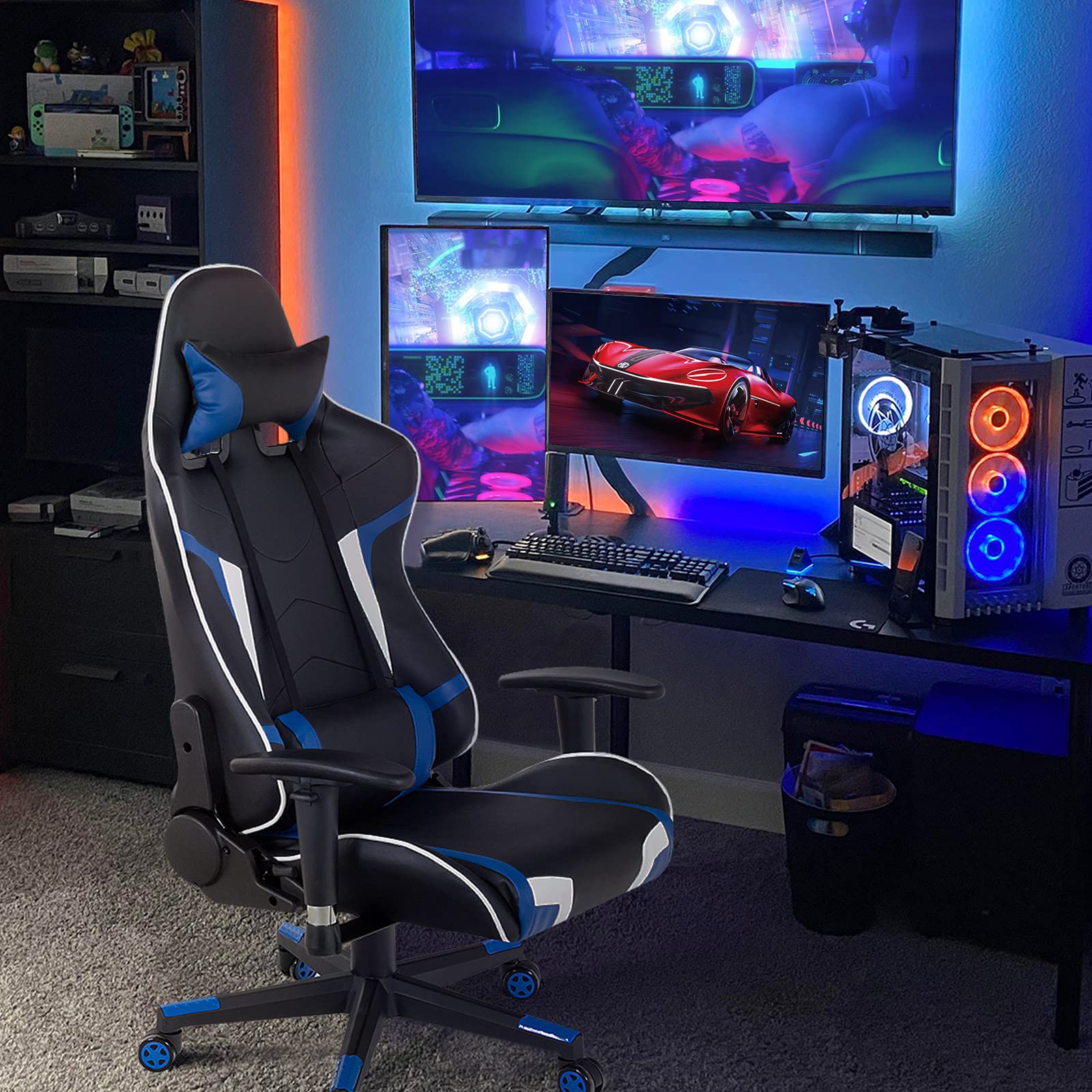 GYMAX Ergonomic Gaming Chair with Massage, Adjustable Headrest & Lumbar Support - Blue Reclining Computer Chair for Office & Home Gaming Setup - Perfect for Esports, Streaming, and Long Work Sessions