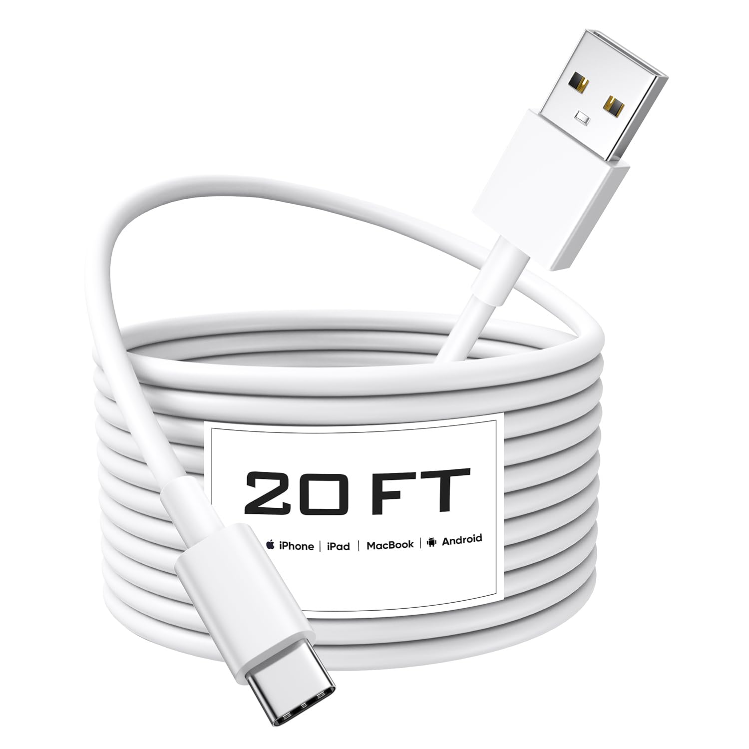 20Ft Long USB C to USB A Cable - Fast Charging & Durable TPE Cord for iPhone 16/15, Samsung Galaxy, Pixel, LG, Moto - Perfect for Home, Office & Car Charging