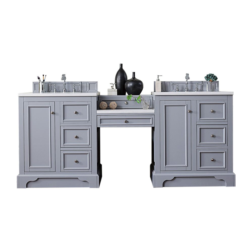 De Soto 82 Inch Double Vanity Set with Makeup Table - Silver Gray Finish, 3CM Thick Classic White Quartz Countertop | Perfect for Bathroom Remodeling & Master Suite Upgrades
