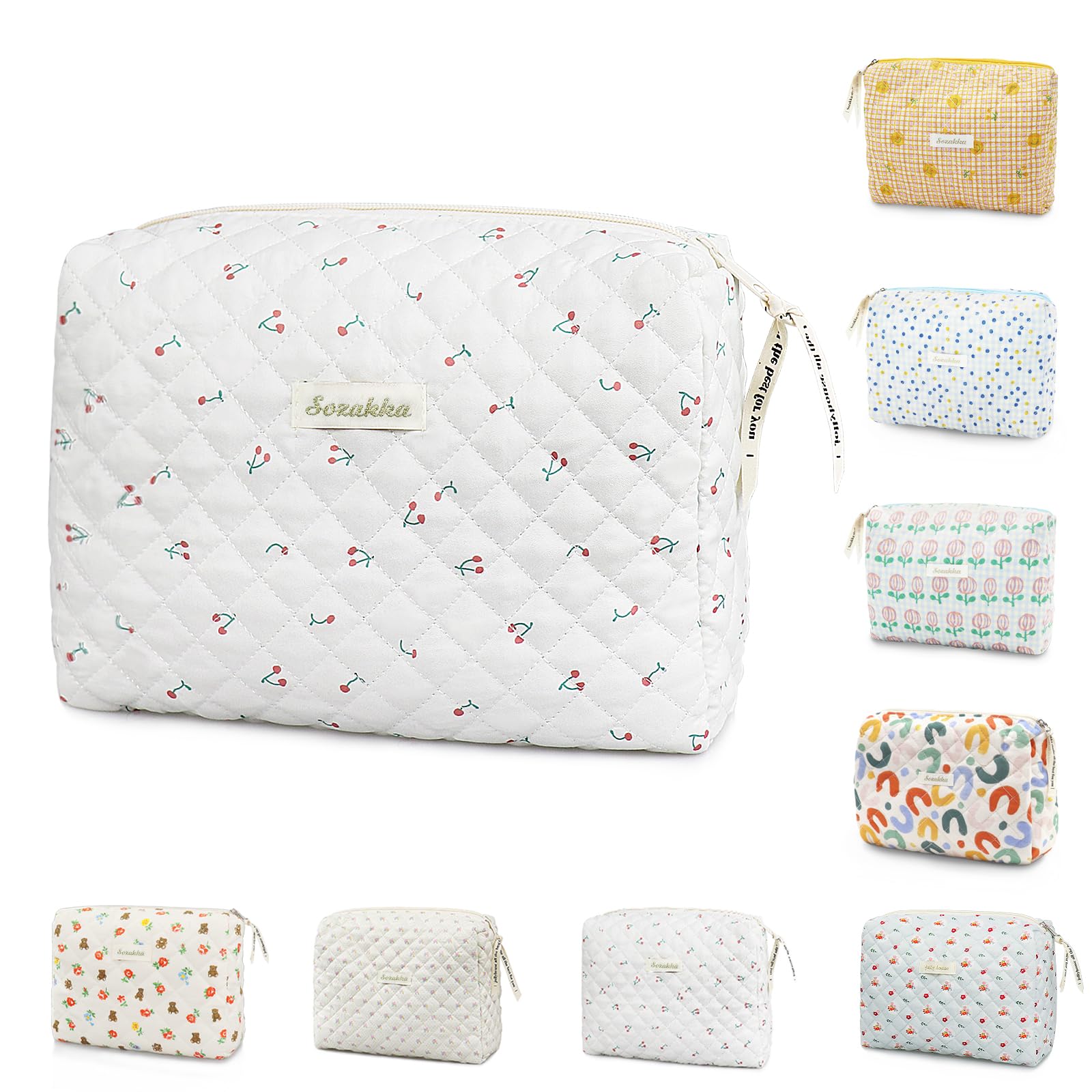 Floral Travel Toiletry Bag for Women - Cotton Makeup Organizer with Cherry-White Design - Portable Cosmetic Storage Pouch - Perfect for Vacation, Gym & Business Trips
