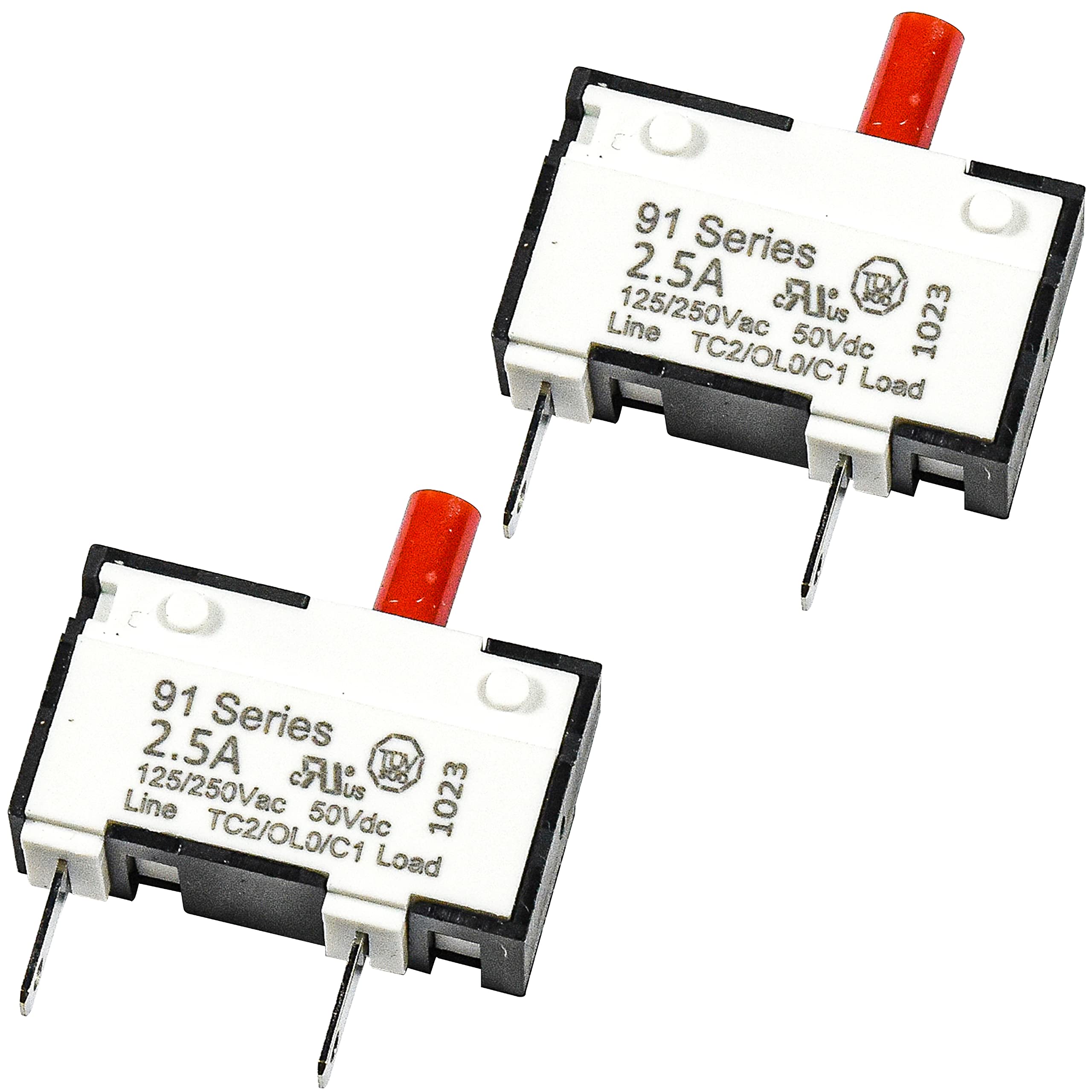 HQRP 2-Pack Push-to-Reset Thermal Circuit Breaker Switch 91-Series - 125VAC 250VAC 50VDC 2.5A UL Listed - Compatible with Motor Equipment, Blender, Garbage Disposal, Vacuum Cleaner, Coffee Grinder - Perfect for Home Appliances and Power Tools Protection