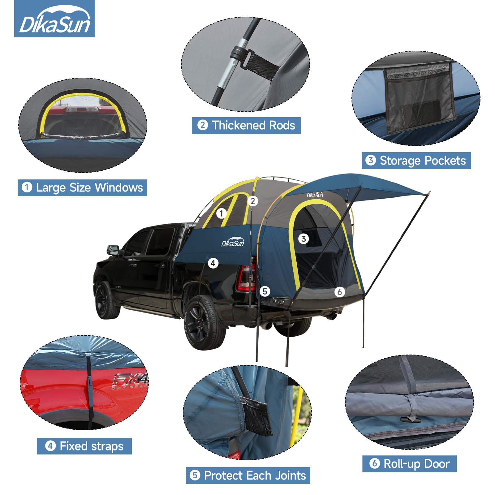 5.5-8ft Truck Bed Tent with Awning - Waterproof Double Layer PU3000 Camping Tent for 2 Person - 3 Season Outdoor Shelter for Pickup Trucks - Perfect for Camping, Road Trips & Outdoor Adventures