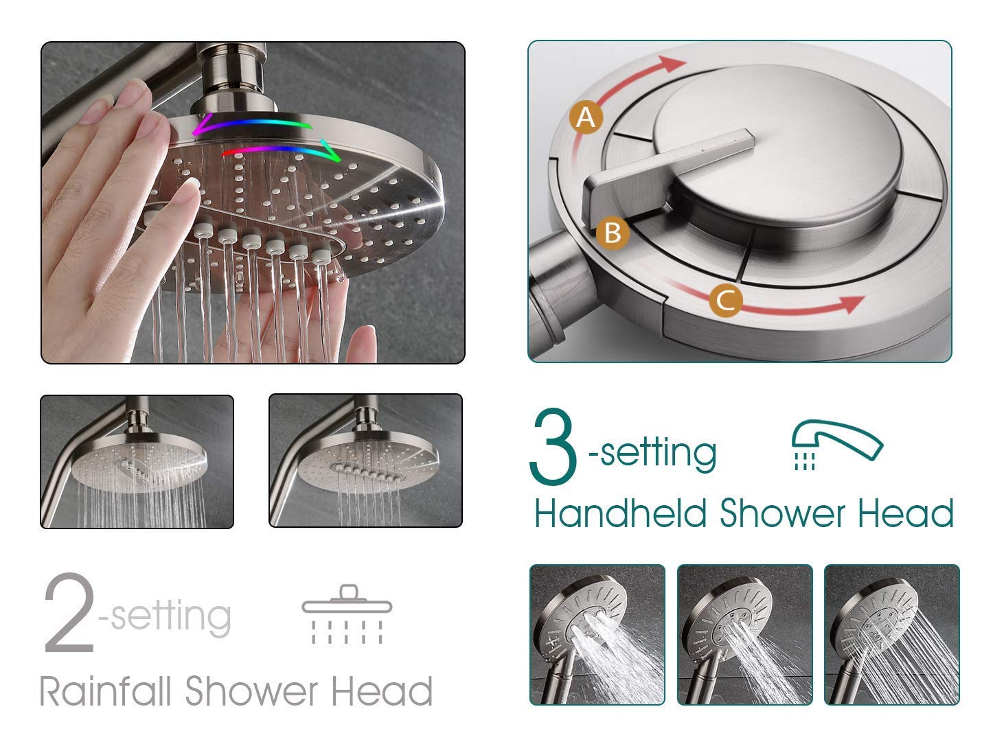 BRIGHT SHOWRS High Pressure Rain Shower Head Combo with Handheld Shower Head & 6 Inch Brass Shower Arm - Brushed Nickel Finish for Luxurious Bathroom Upgrade | Perfect for Spa-Like Experience and Modern Bathroom Renovation