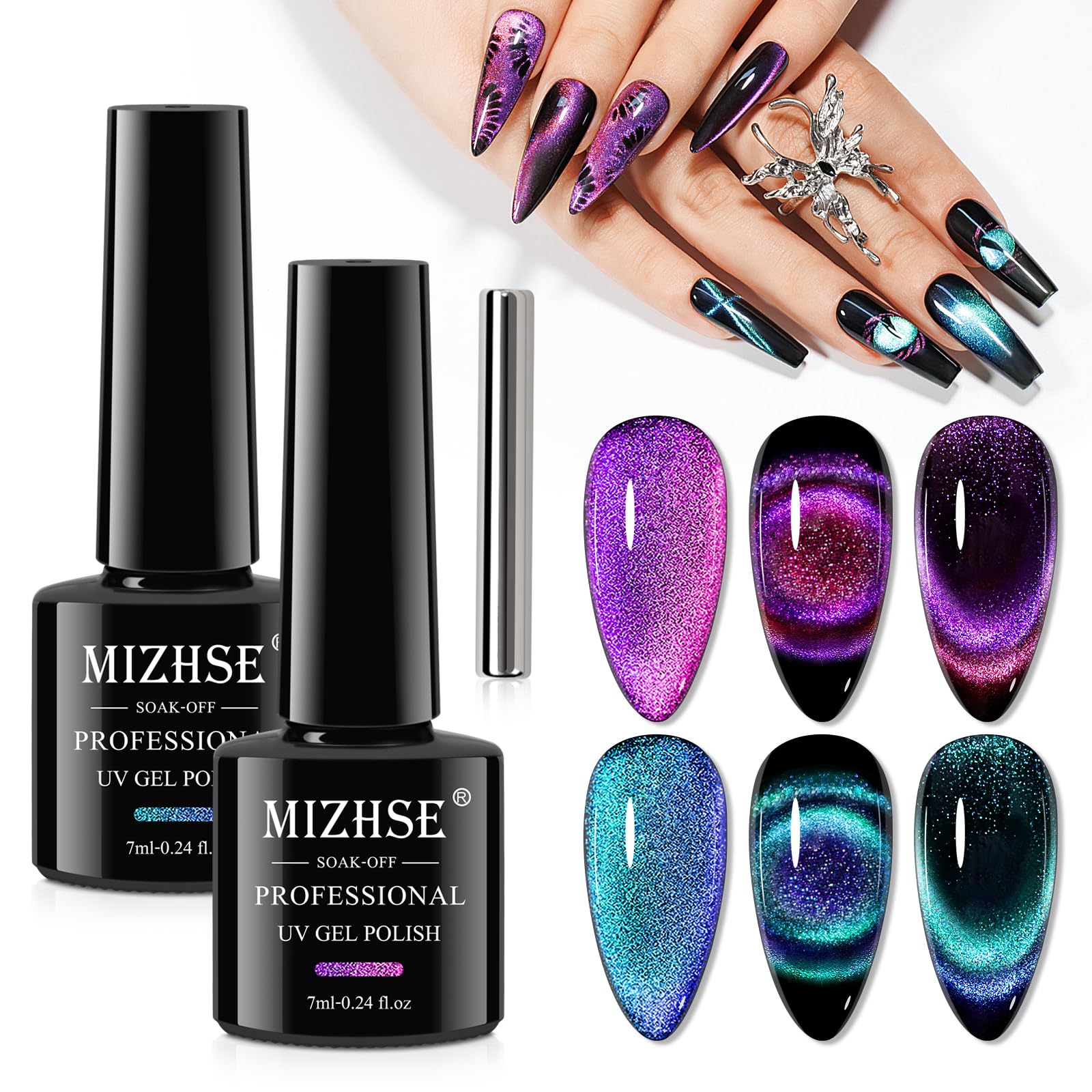 9D Cat Eye Gel Nail Polish Set - Purple & Green Magnetic Nail Polish with Magnet Stick | Galaxy Holographic Soak Off UV Gel for Nail Art | Perfect for Salon, Home Manicures & Special Occasions
