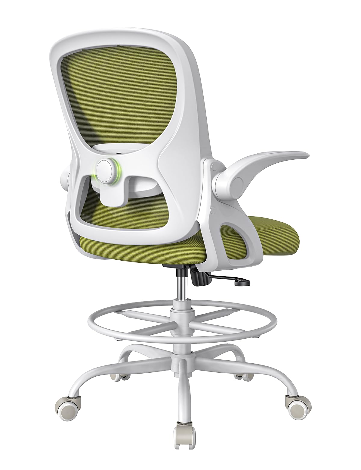 Ergonomic Drafting Chair with Flip-Up Armrests & Adjustable Footrest - Tall Office Chair for Standing Desks - Comfortable Lumbar Support Computer Chair for Bar Height Workstations (White-Green) - Perfect for Architects, Artists, and Home Office Workspaces