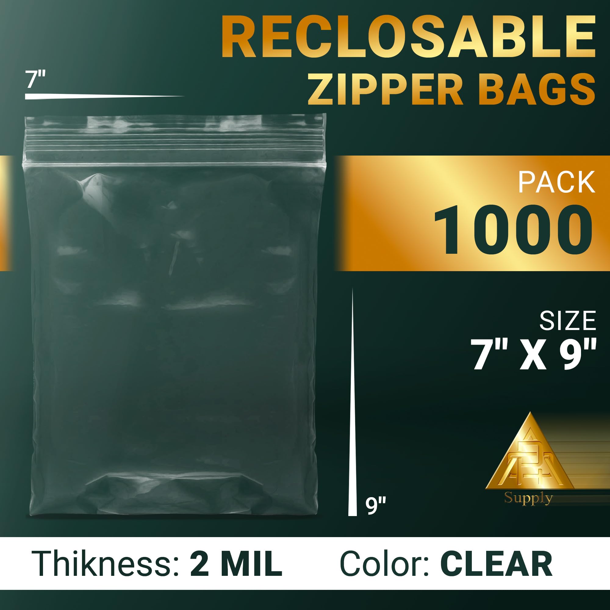 1000 Pack 7x9 Inch Clear Reclosable Zipper Bags | 2 Mil Thick Resealable Plastic Storage Bags | High Clarity Polypropylene Zip Top Bags for Food, Crafts, Office Supplies & Retail Packaging