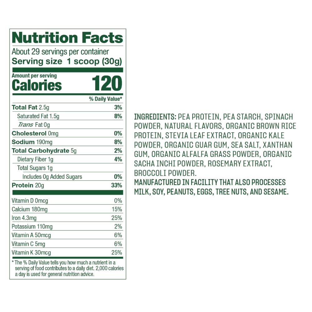 Vega Protein and Greens Protein Powder, Vanilla - 20g Plant-Based Vegan Protein with Superfood Vegetables | Non-GMO, Gluten-Free Pea Protein for Men & Women | 1.9lb (30 Servings) | Perfect for Post-Workout Recovery, Meal Replacement & Healthy Smoothies