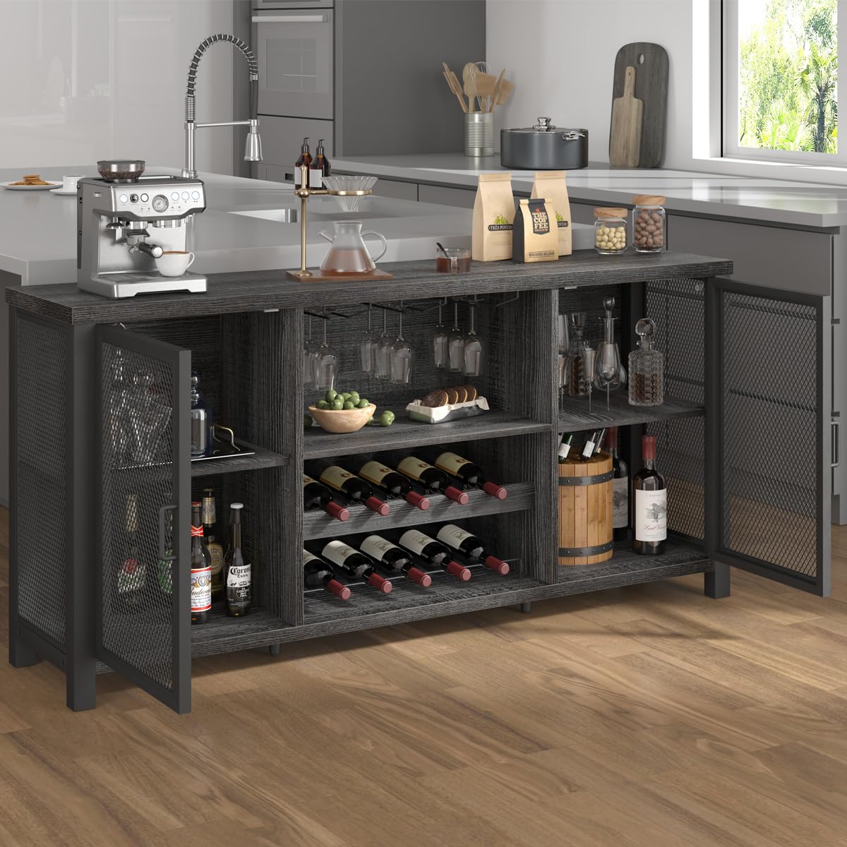 Industrial Wine Bar Cabinet - Rustic Sideboard Buffet with Storage for Liquor, Glasses & Coffee Bar | Dark Grey Oak 55