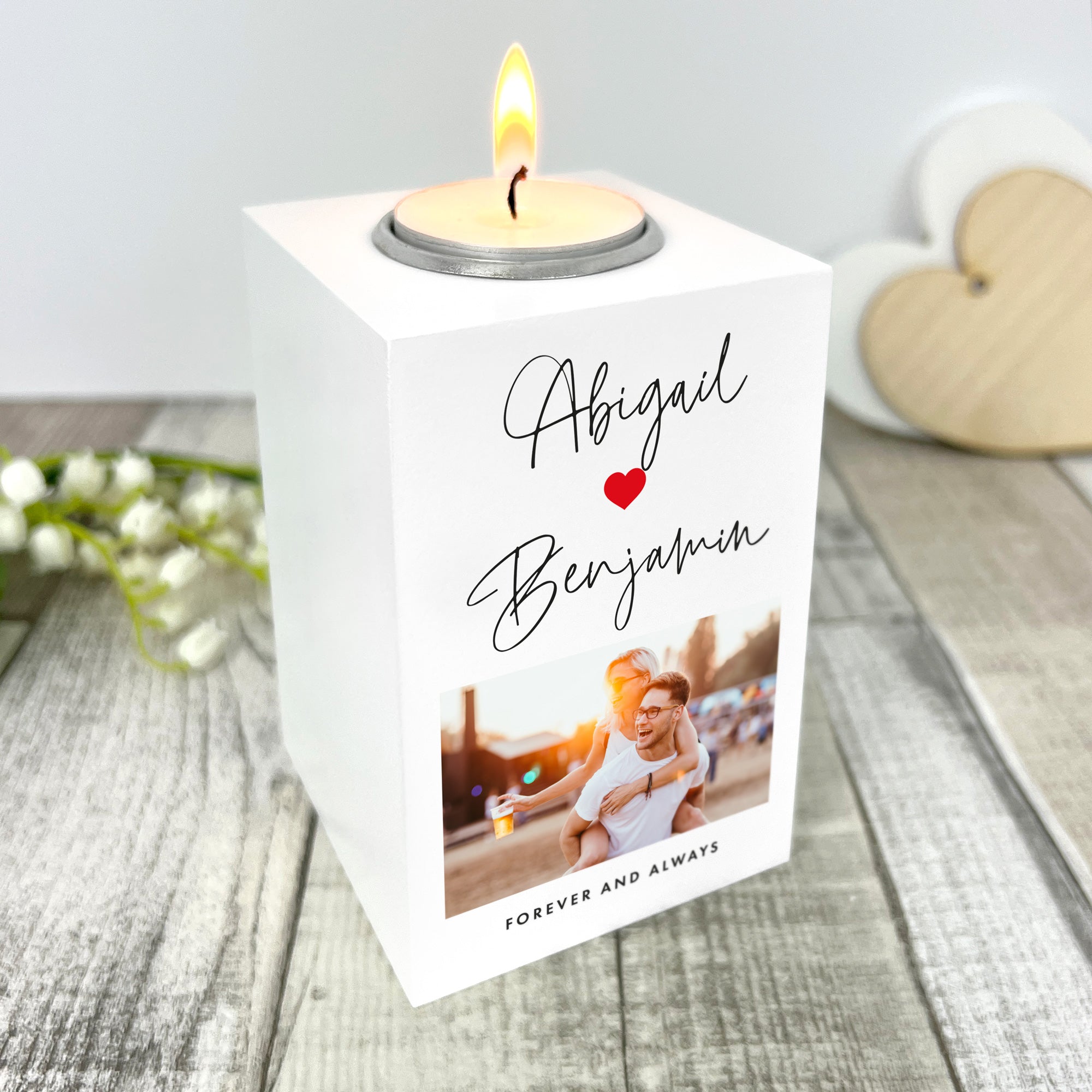 Personalized Couples Names Heart-Shaped White Tea Light Holder - Romantic Gift for Anniversaries, Weddings & Valentine's Day Decor