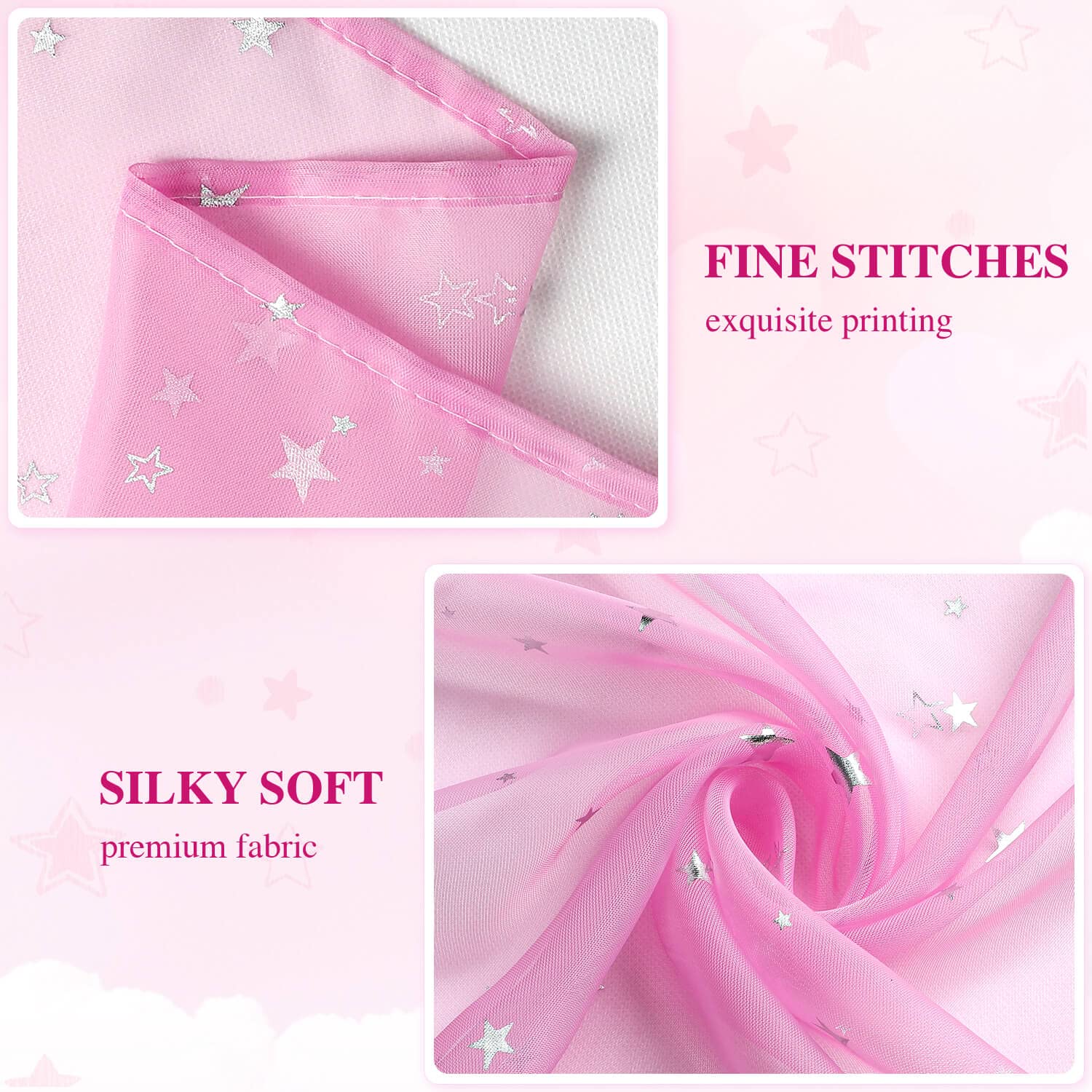 Pink Semi Sheer Curtains for Girls Room - 63 Inch Long Voile Window Drapes with Silver Star Moon Pattern, 2 Pack Nursery Bedroom Decor for Kids Baby Bed Canopy | Perfect for Nursery, Bedroom, Playroom & Sleepover Decorations
