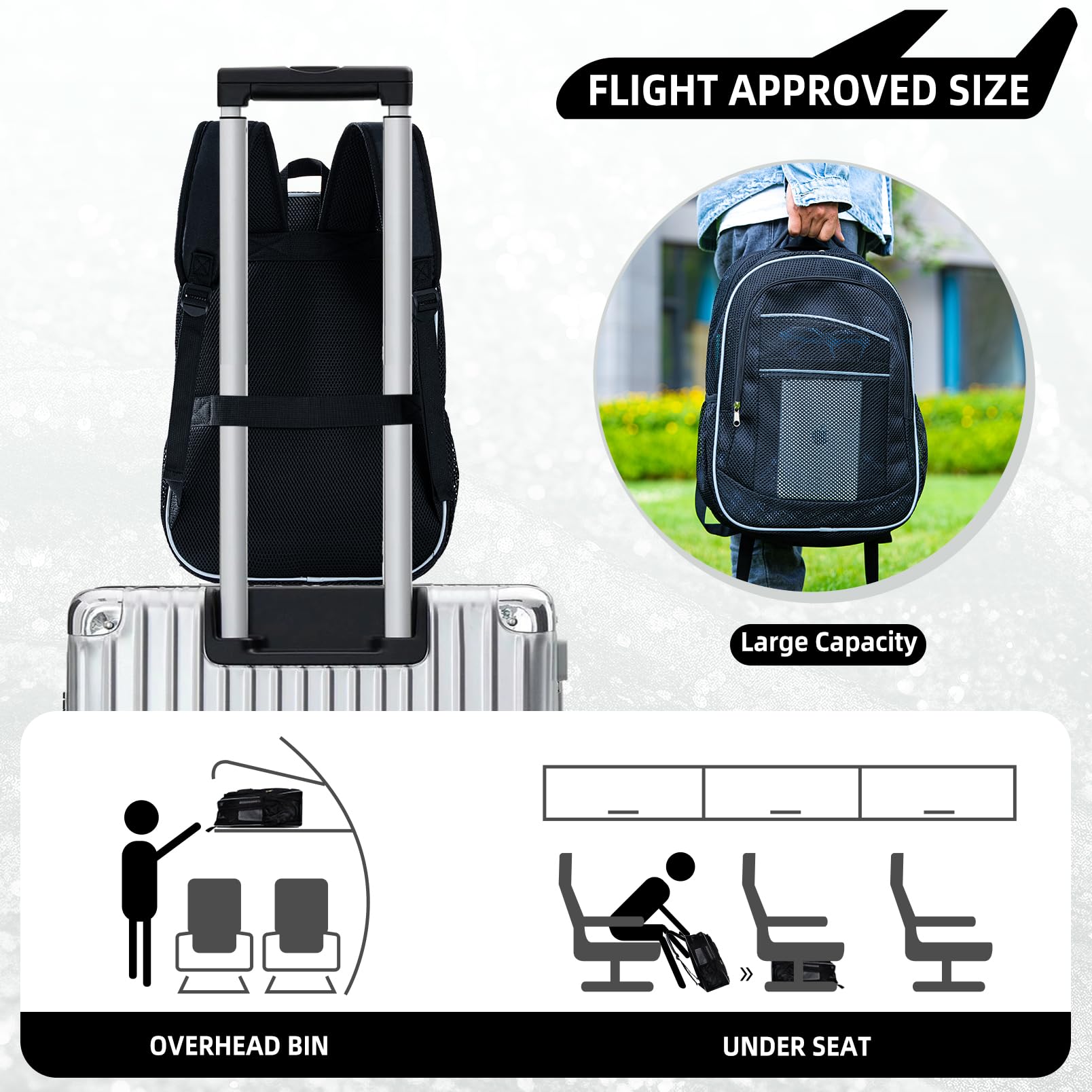 Mesh Backpack for School & Travel - 3 Sizes with Reflective Strips, Transparent Backpack for Girls & Boys - Perfect for Beach, Gym, and Outdoor Activities