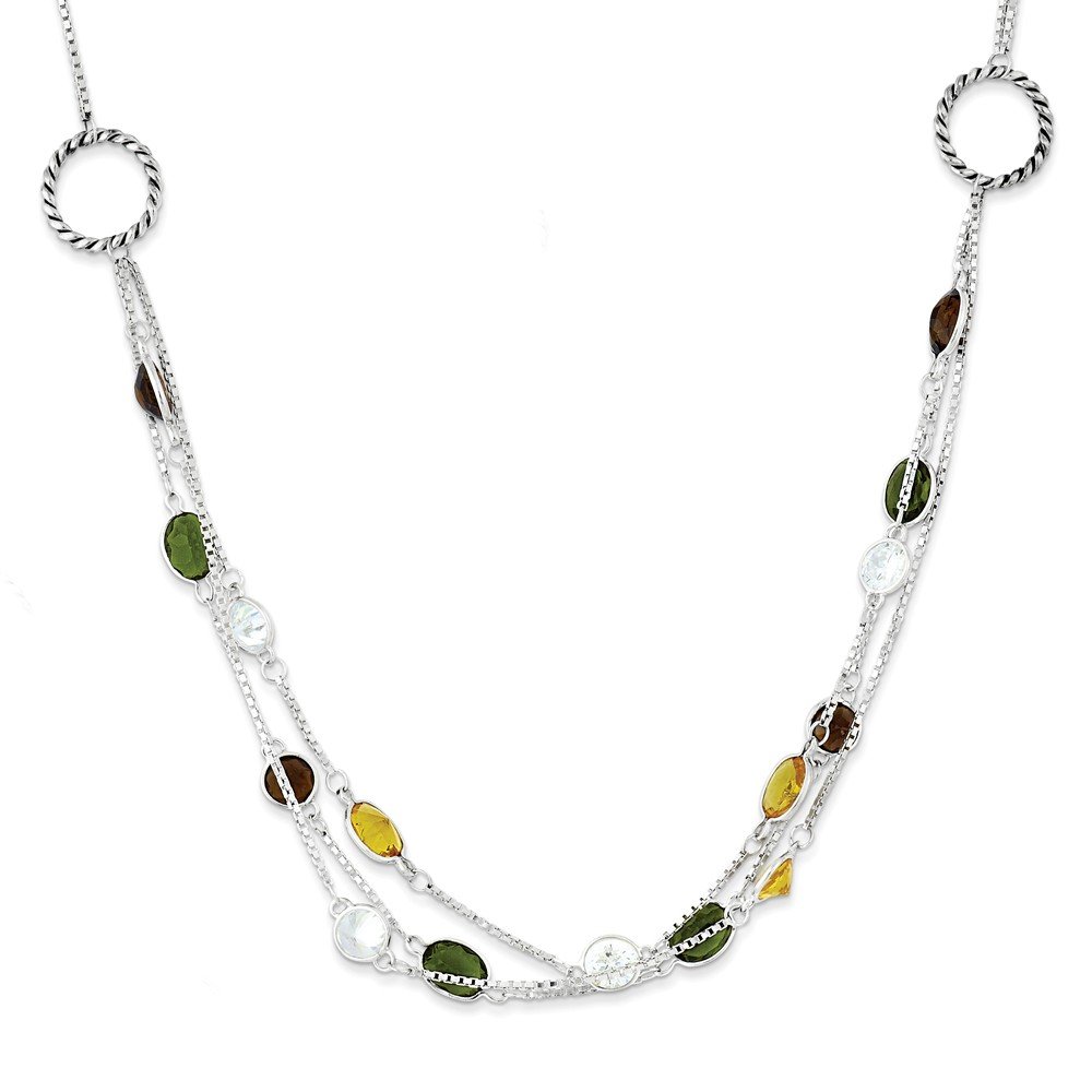 Antiqued Sterling Silver Necklace with Brown/Green/Yellow CZ Stones - 18 Inch Elegant Jewelry for Women, Perfect for Parties, Weddings & Special Occasions
