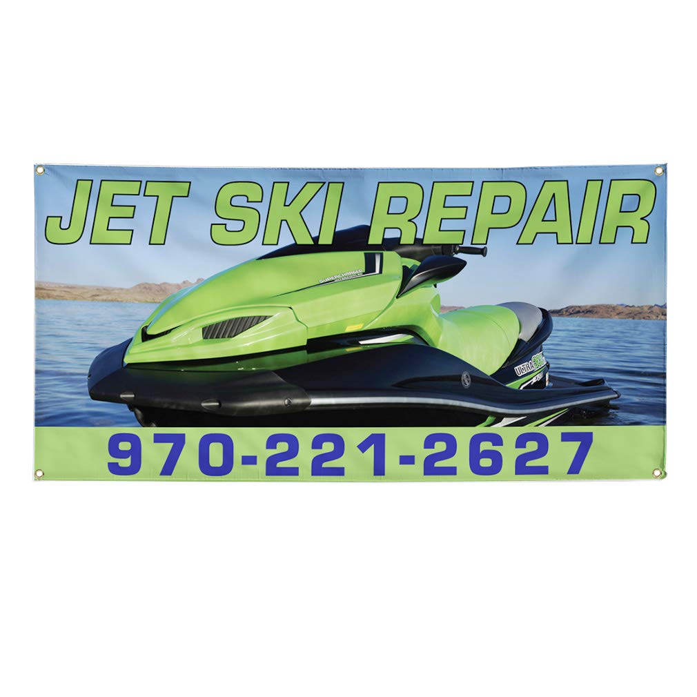 Durable Vinyl Banner for Jet Ski Repair Business - Weatherproof Outdoor Yard Sign with 10 Grommets (60x144 Inches, Blue) - Perfect for Industrial Use, Business Advertising & Outdoor Events