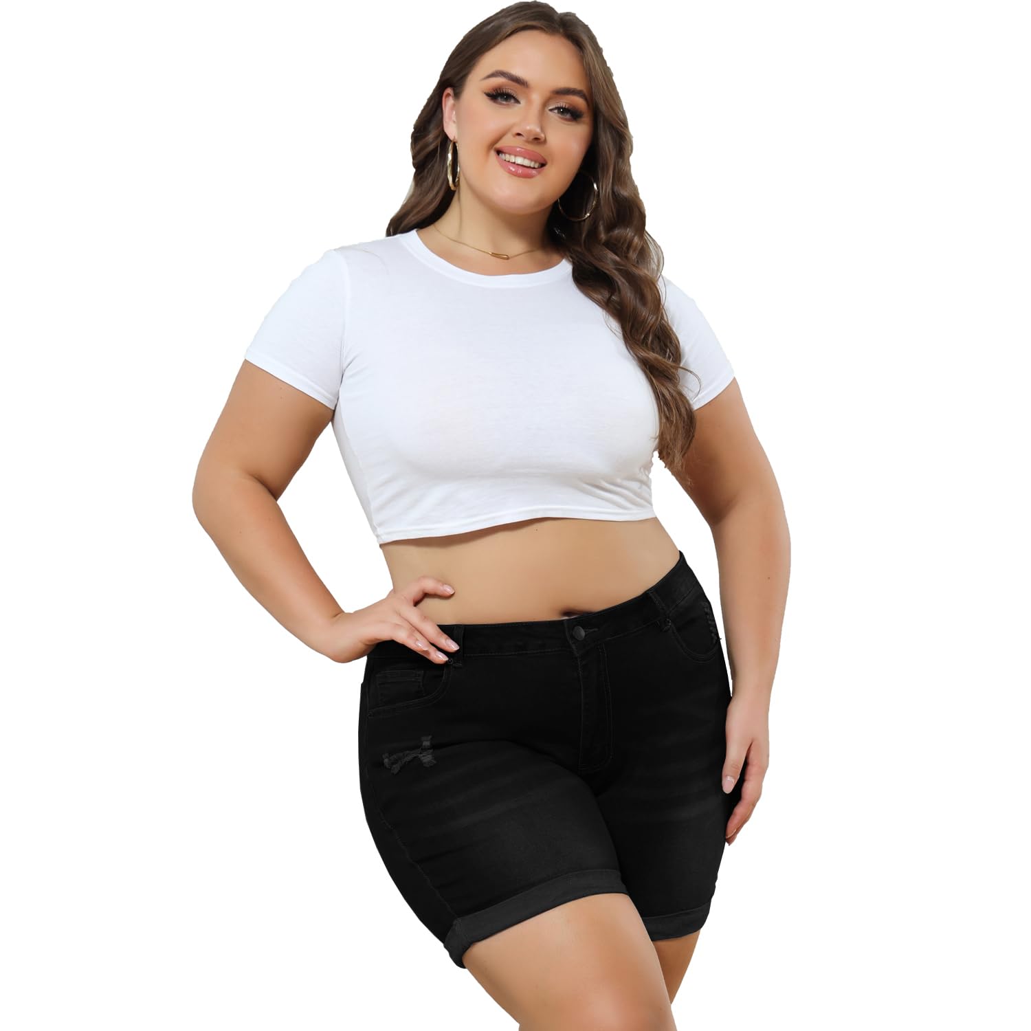 Plus Size Women's Ripped Denim Jean Shorts - High Waisted Stretchy Folded Hem Denim Shorts for Casual Wear & Summer Outfits