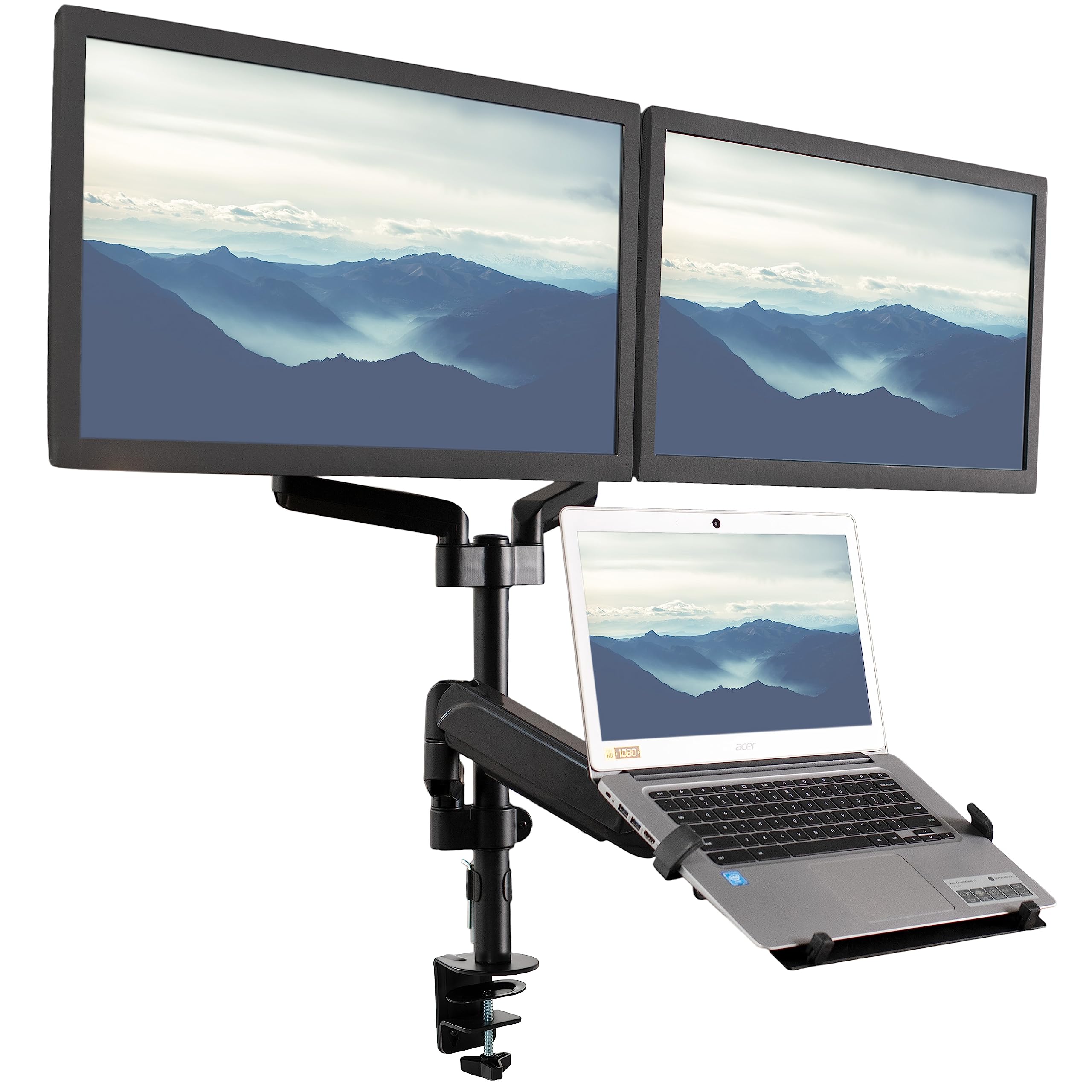 VIVO Dual Monitor and Laptop Mount Stand - Adjustable Pneumatic Arm for 17 to 32 inch Screens & 10 to 15.6 inch Notebooks, Includes Laptop Tray, C-Clamp and Grommet Base - Perfect for Home Office, Gaming Setup and Workspace Organization (Black, STAND-V003KL)