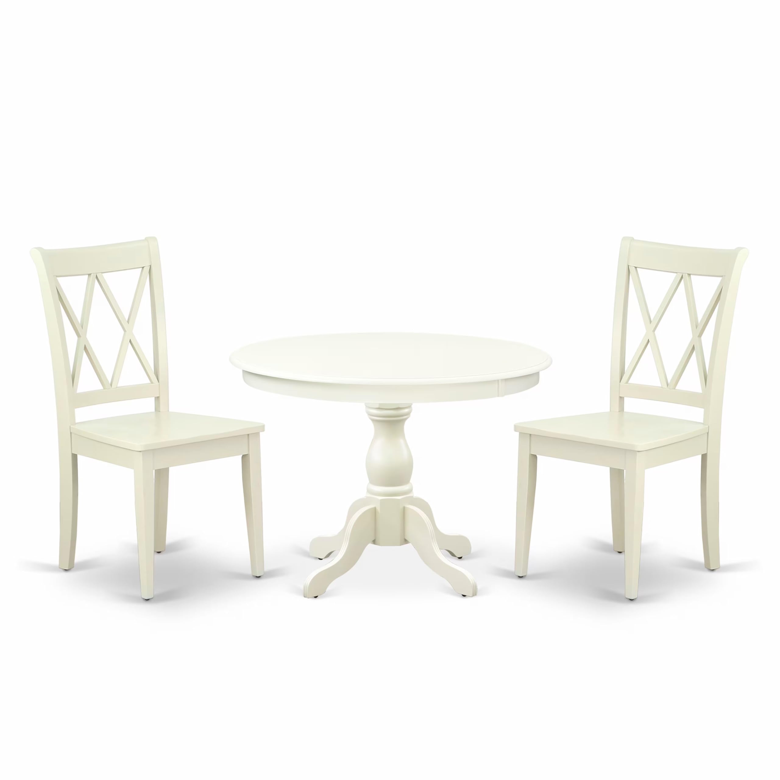 East West Furniture HBCL3-LWH-W 3 Piece Round Dinette Set for Small Spaces - 42x42 Inch Pedestal Dining Table with 2 Chairs, Linen White - Perfect for Breakfast Nooks, Kitchen Corners & Compact Apartments