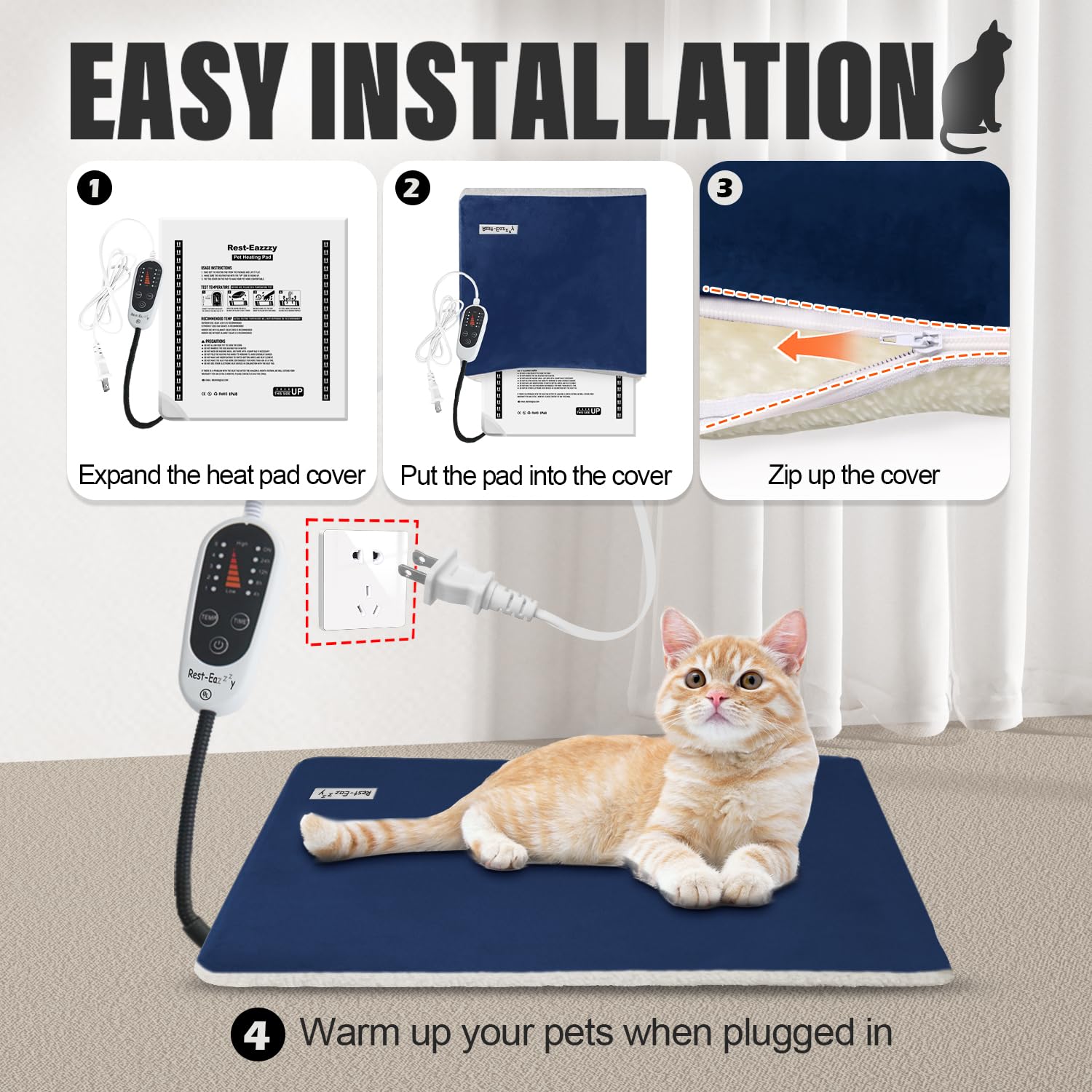 Rest-Eazzzy Heated Cat Bed with Removable Cover - 5-Level Temperature Control & Timer - Cozy Warming Mat for Indoor Cats & Small Dogs (Blue, Medium) - Perfect for Winter Warmth & Arthritis Relief