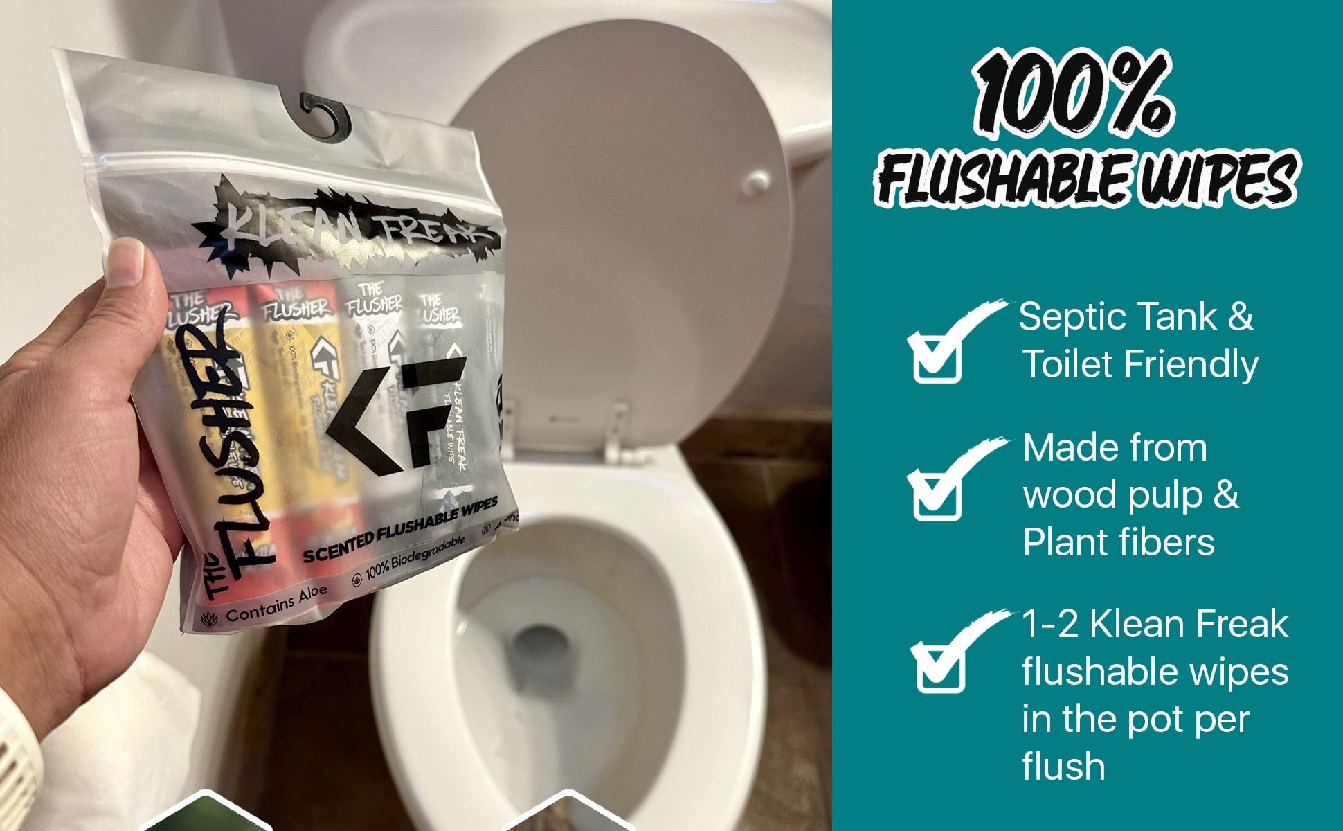 The Flusher 100 Pack - Premium Quality Flushable Wipes for Toilet & Bathroom Use - Gentle & Septic Safe for Adults & Kids - Ideal for Travel, Camping & Home Hygiene