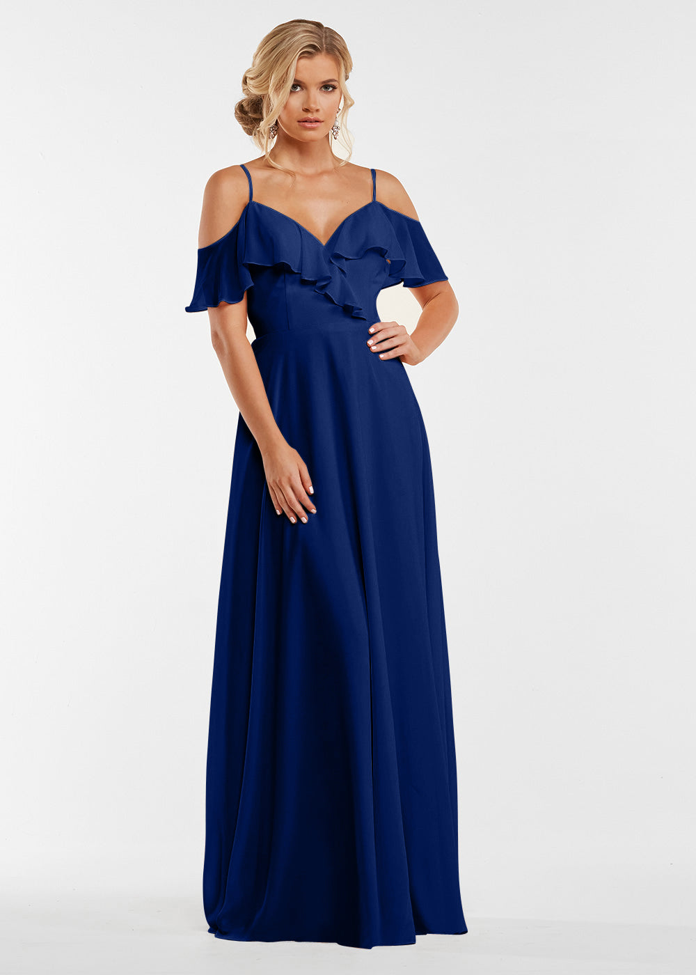 Elegant 83013 Stretch Chiffon Off-The-Shoulder A-Line Bridesmaid Dress with Ruffles - Perfect for Weddings, Prom, Formal Events & Special Occasions