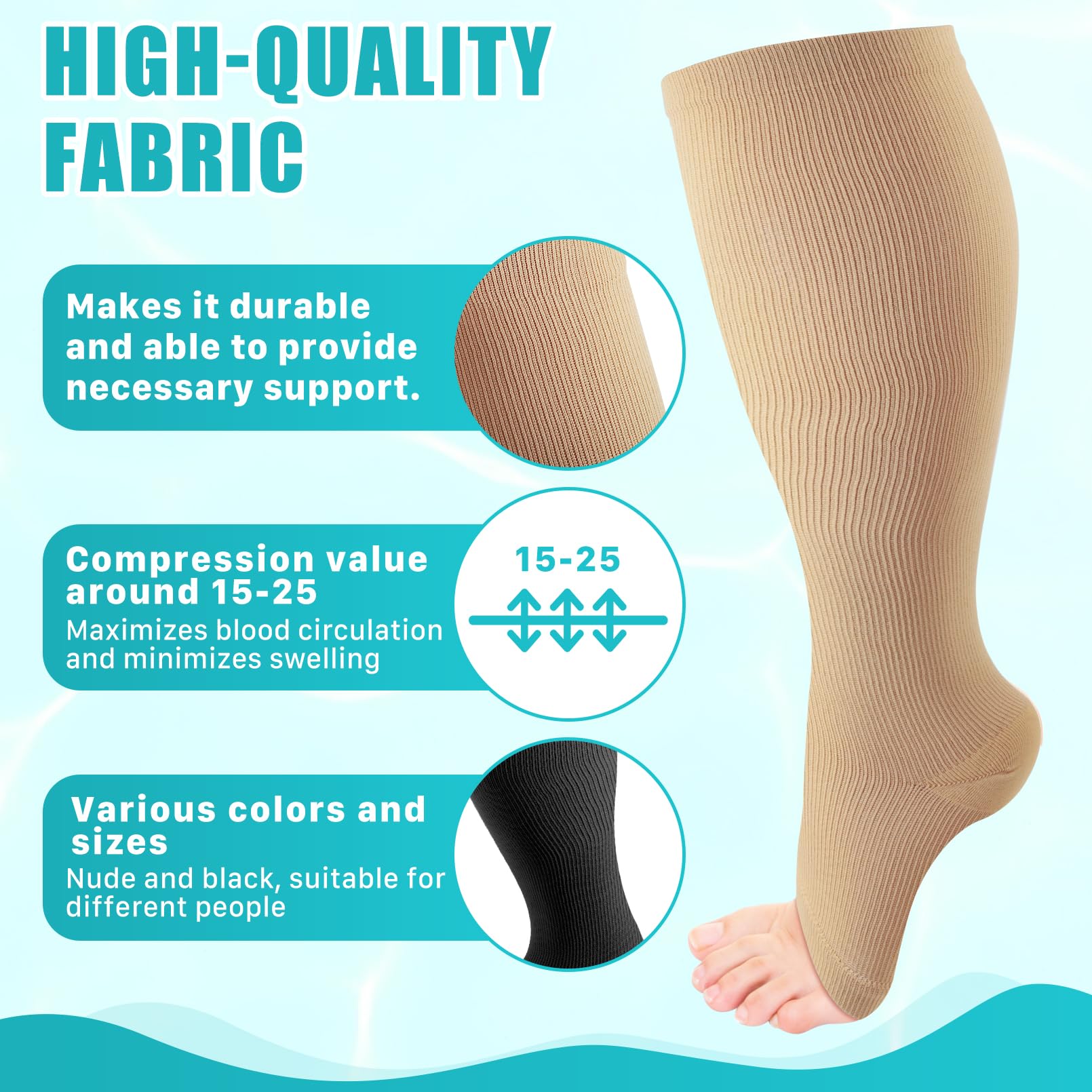 4 Pairs Open Toe Compression Socks 15-20 mmHg - Knee High Toeless Compression Stockings for Women & Men - Circulation Support Socks for Travel, Running & Recovery