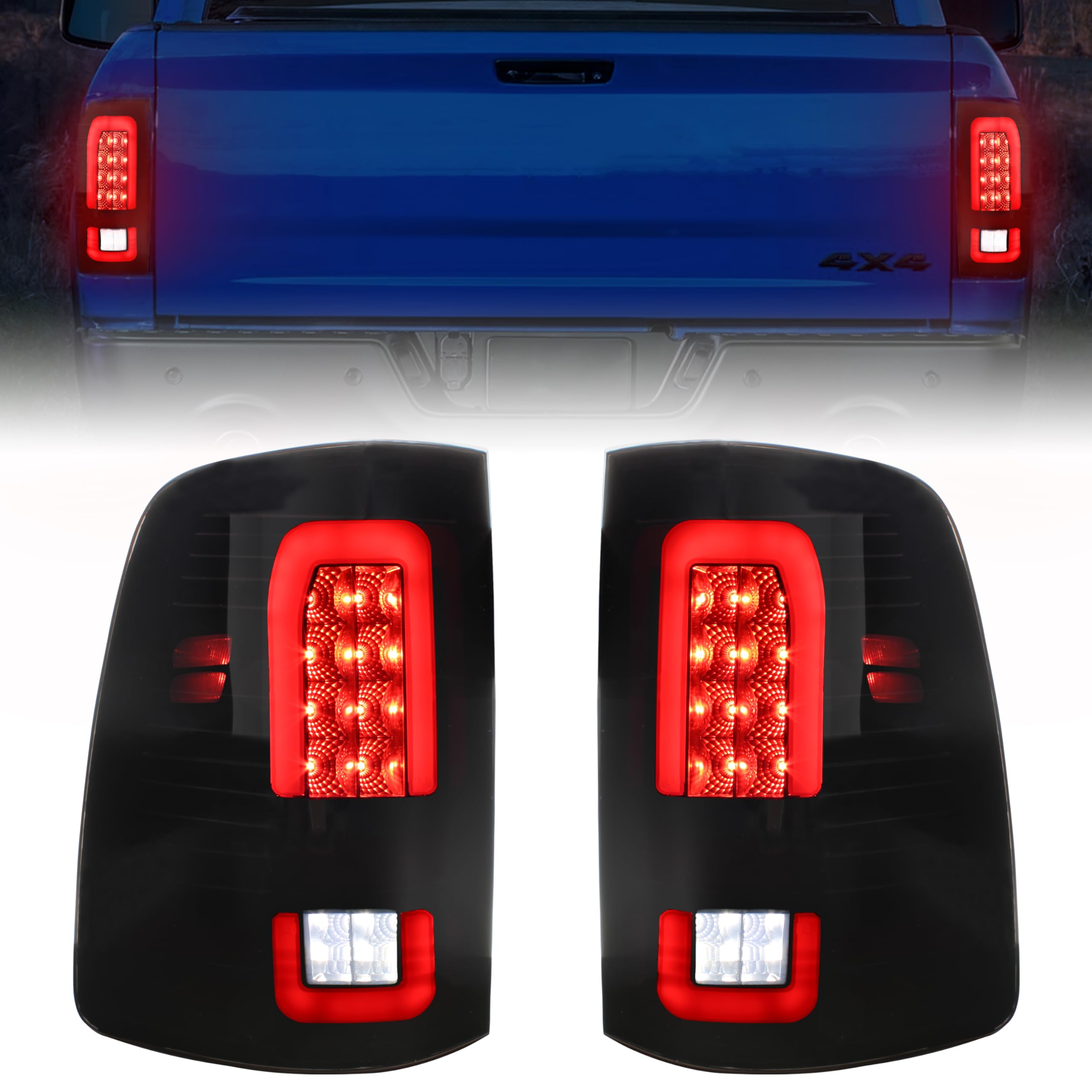 KEWISAUTO Full LED Tail Light for Dodge RAM 1500 2500 3500 2009-2018 - Smoked Rear Brake Light with Turn Signal & Running Lights - Direct Replacement IP67 Waterproof - Perfect for Off-Roading & Night Driving
