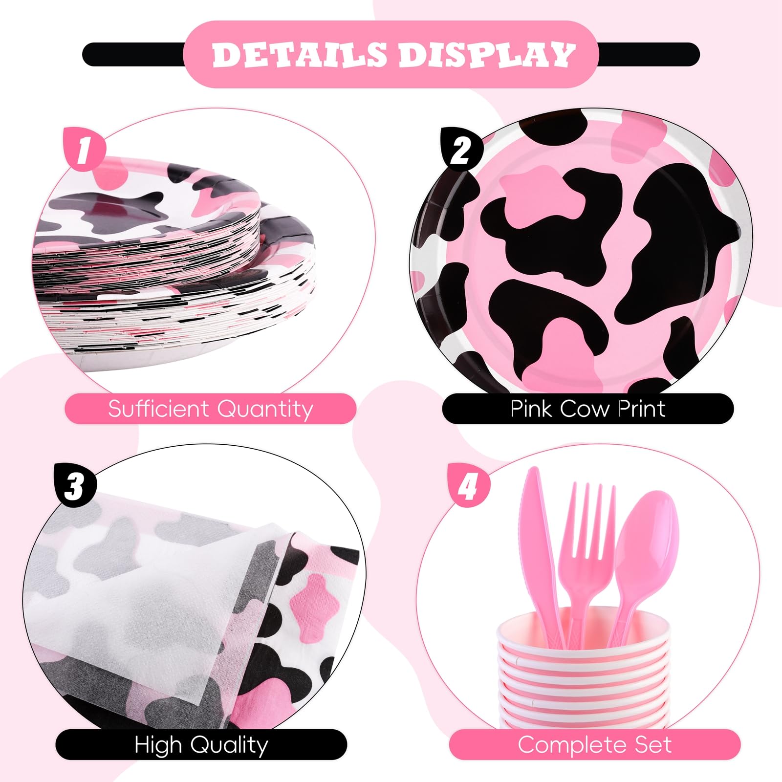 210-Piece Pink Cow Print Tableware Set - Plates, Cups, Napkins, Forks, Spoons & Knives for Cowgirl Party, Baby Shower, Farm Birthday - Serve 30 Guests - Perfect for Western Themed Events, Kids Birthday Parties & Farmhouse Decorations