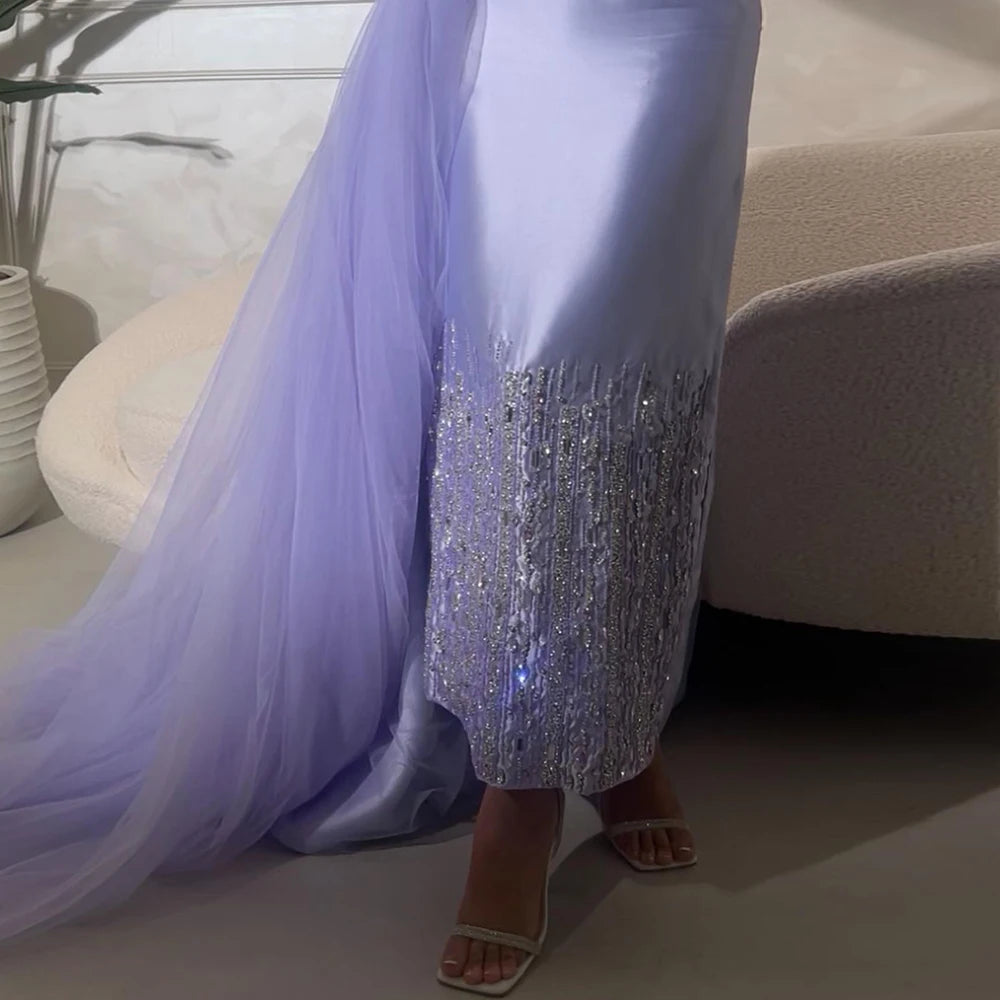Serene Hill Sage Green Satin One Shoulder Beaded Mermaid Tea Length Evening Gown for Women - Wedding Party Guest Dress, Prom, Cocktail, Formal Events - LA72194