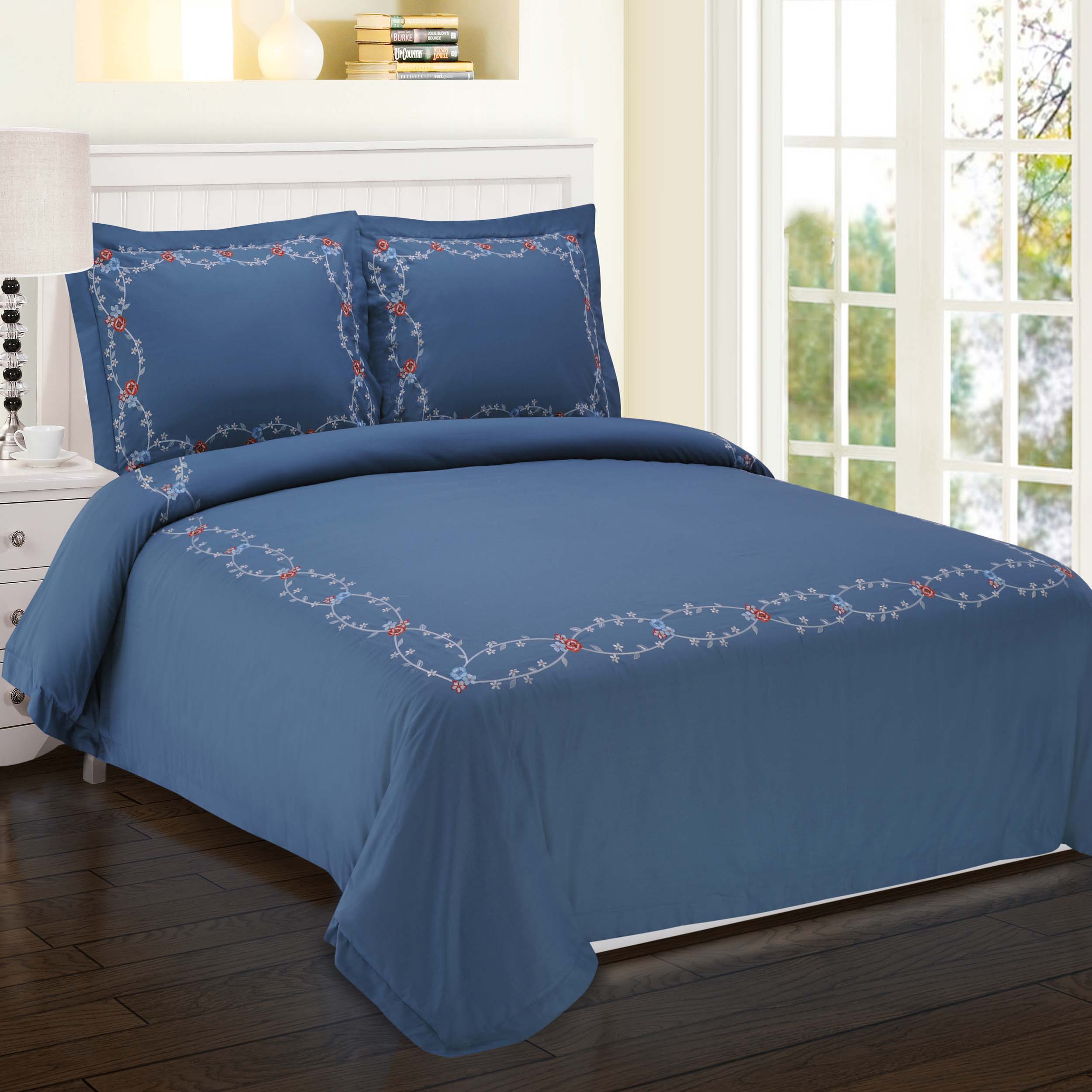 Helena Cotton Embroidered 3-Piece Duvet Cover Set - Queen Size Bedding Set with Pillowcases - Soft & Breathable Luxury Bedding for Master Bedroom, Guest Room & Dorm Decor