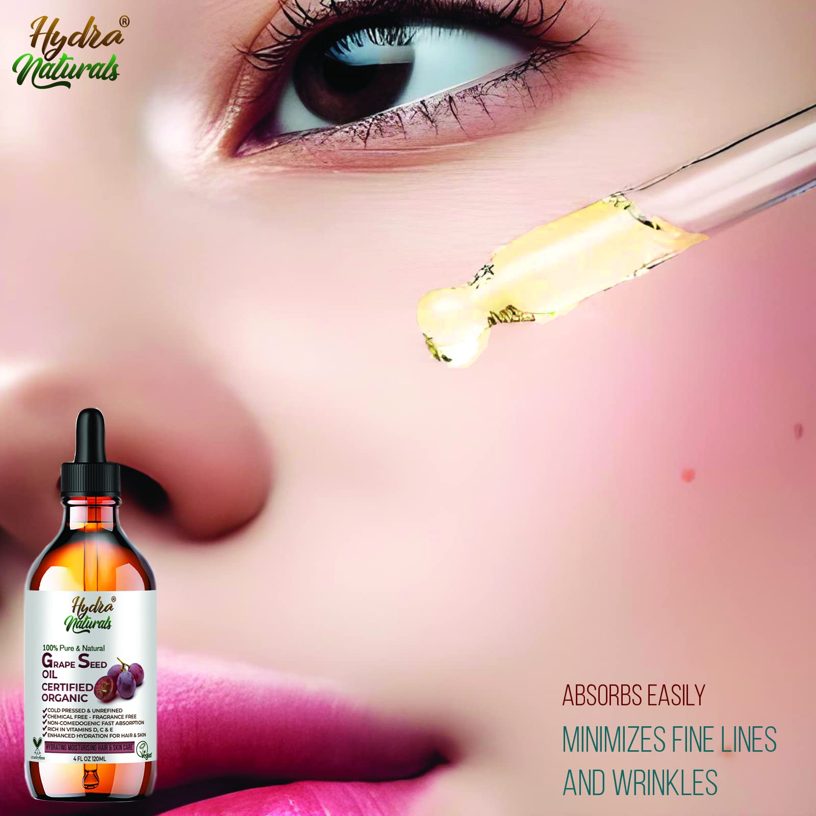 **Hydra Naturals 100% Pure Cold-Pressed Grapeseed Oil – Lightweight Moisturizer for Face, Skin & Hair – Natural Carrier Oil for Essential Oils – Hexane-Free, Non-GMO, Unrefined – 50ml – Perfect for Massage, DIY Beauty & Aromatherapy**