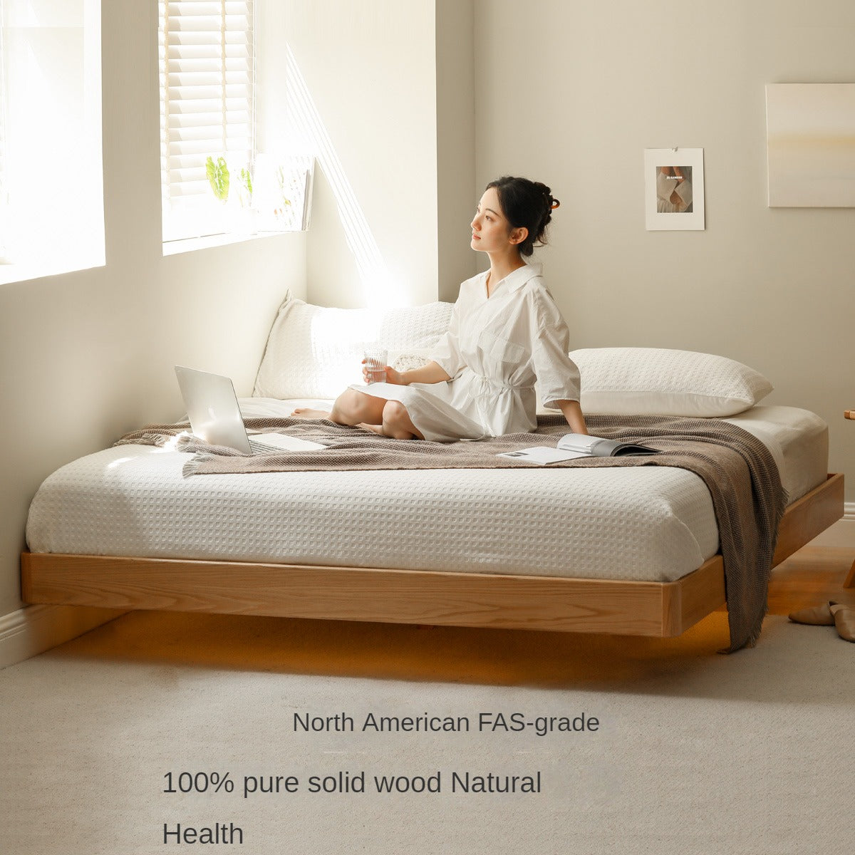 Solid Oak Wood Floating Platform Bed - No Headboard Modern Minimalist Bed Frame with LED Lights for Bedroom, Guest Room, or Studio Apartment