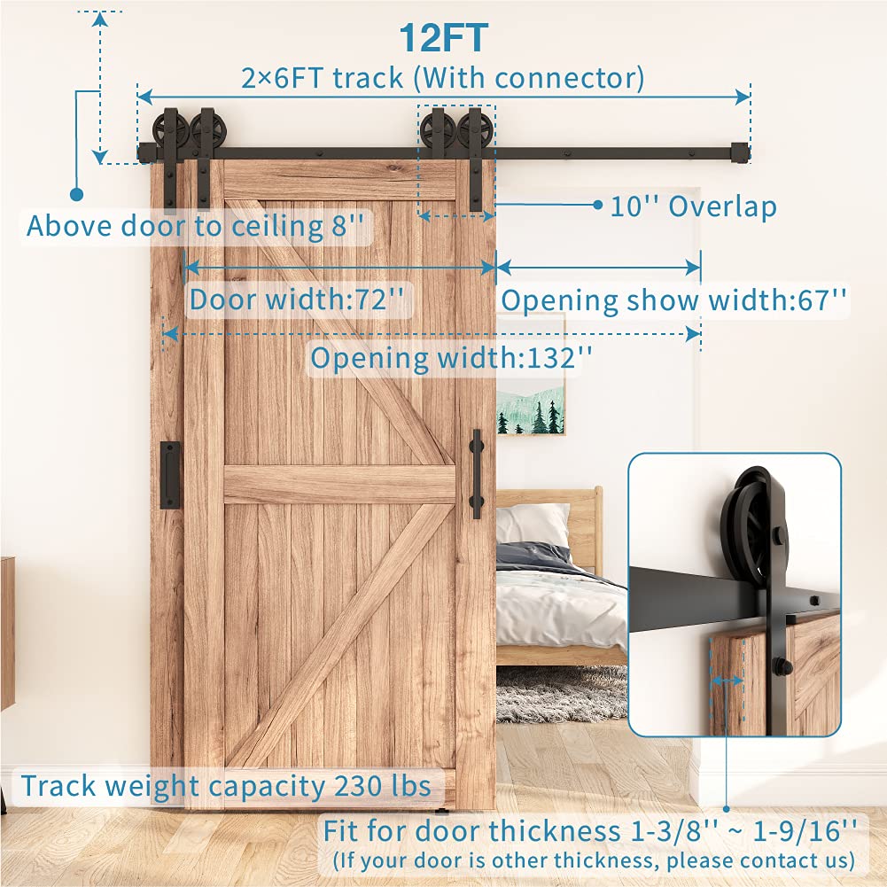 ZEKOO 12 FT Bypass Sliding Barn Door Hardware Kit - Single Track System for Double Wooden Doors - One-Piece Rail Flat Track Roller with Spoke Wheel Style - Perfect for Farmhouse, Rustic, and Modern Home Decor (12 Feet)