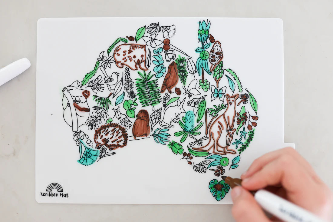 Reusable Scribble Mat Set with Mini Australian Map - Kids Drawing & Learning Activity for Home & Travel