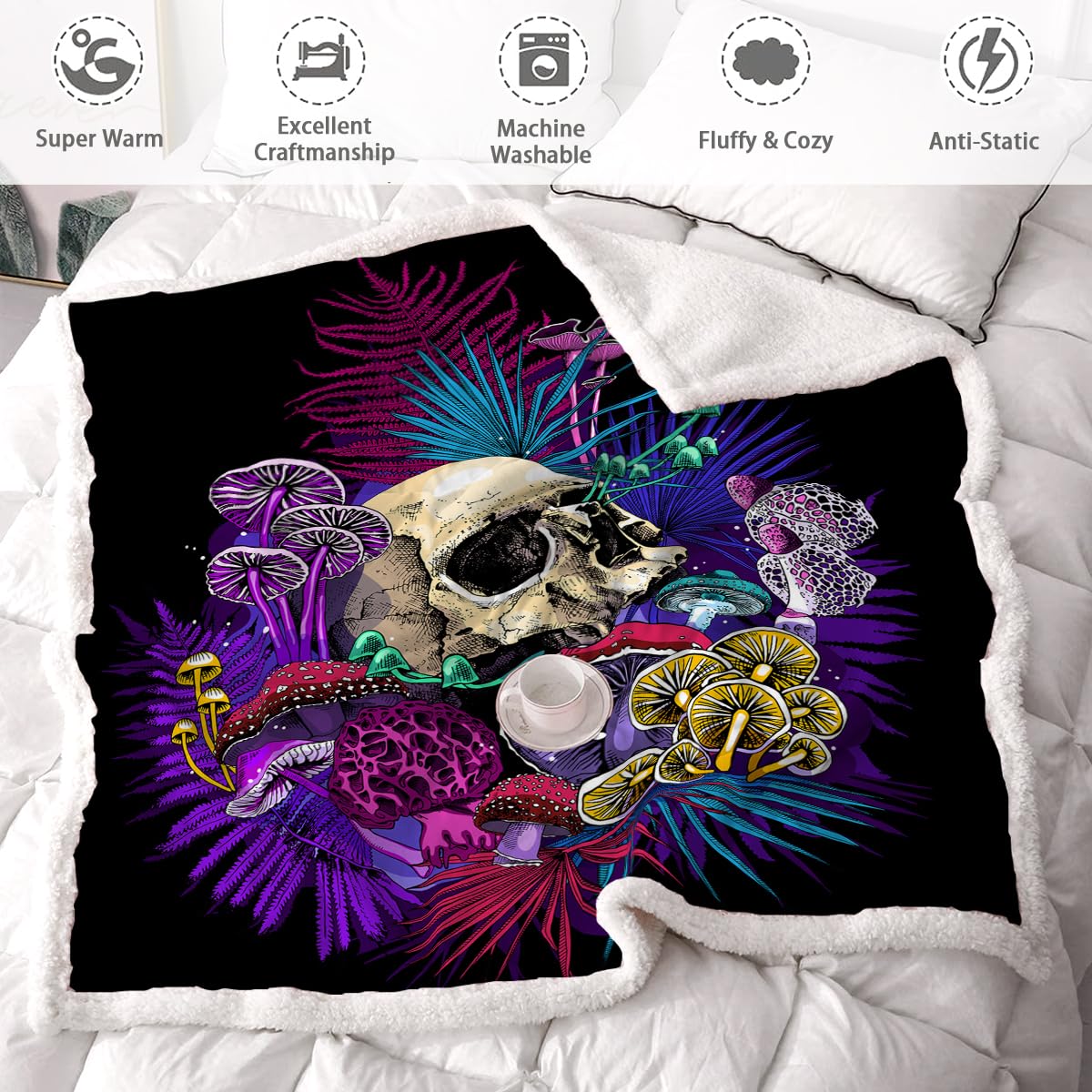 Soft Plush Mushroom Skull Throw Blanket 50x60 Inches - Gothic Sherpa Fleece Blanket for Couch, Sofa & Bed - Cozy Fluffy Blanket for Halloween, Christmas Gifts & Home Decor