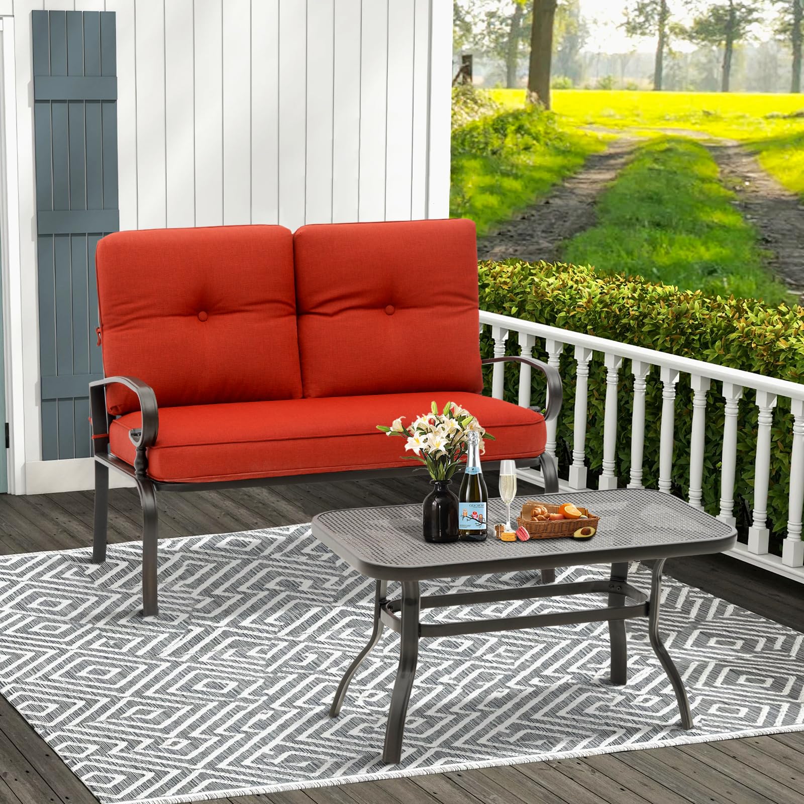 **Oakcloud Outdoor 2-Piece Patio Loveseat Bench Set with Thick Cushions & Coffee Table - Wrought Iron Look, Metal Frame Furniture (Red) - Perfect for Garden, Backyard, and Poolside Relaxation**
