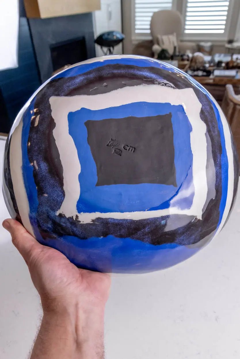 Large Handmade Nerikomi Porcelain Bowl - Abstract Geometric Design in Blue, White & Black - Perfect for Home Decor, Table Centerpiece & Unique Gift
