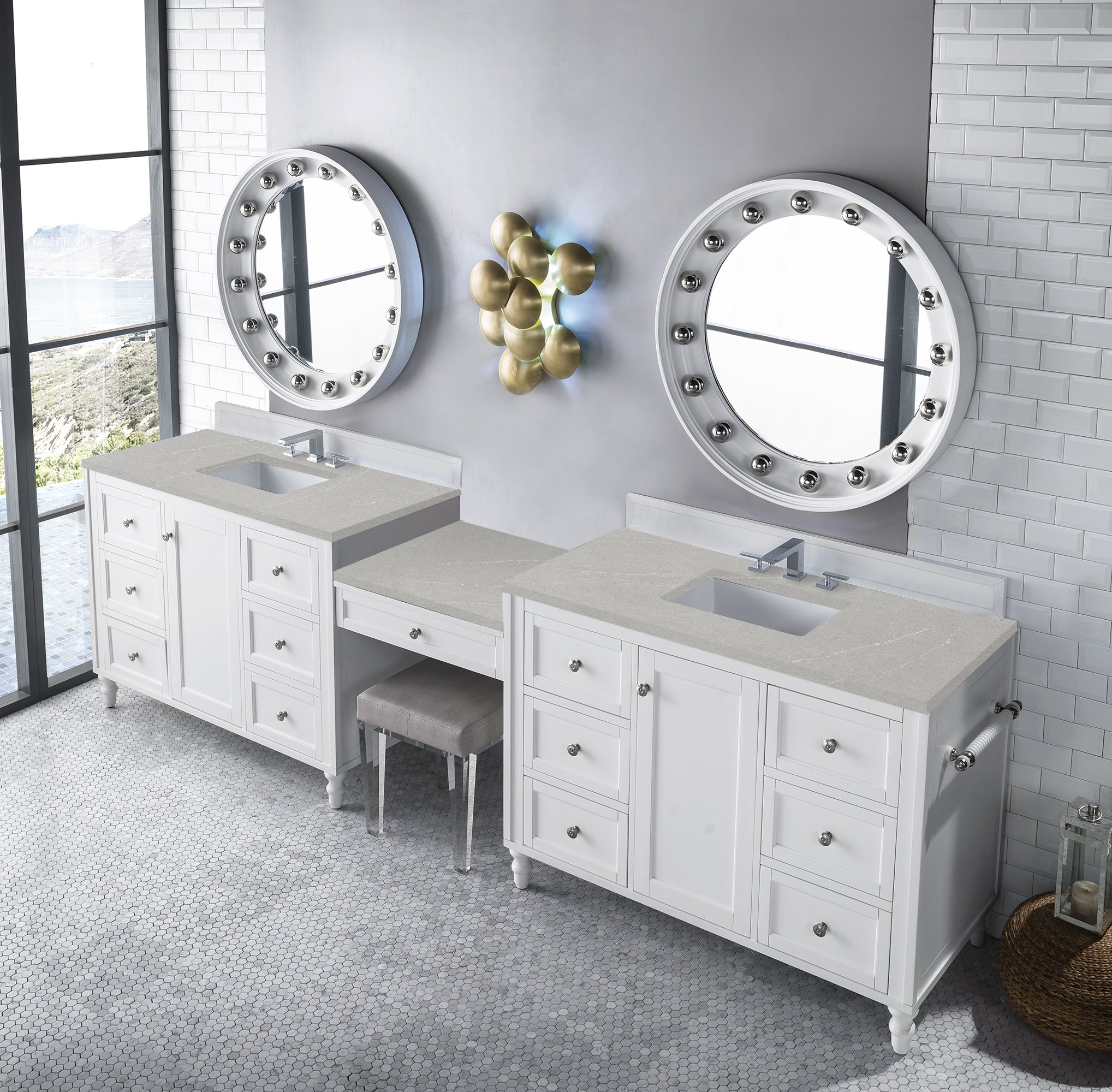 Copper Cove Encore 122 Double Vanity Set with Makeup Table - Bright White Finish & 3CM Eternal Serena Quartz Top | Perfect for Master Bathroom & Luxury Home Decor